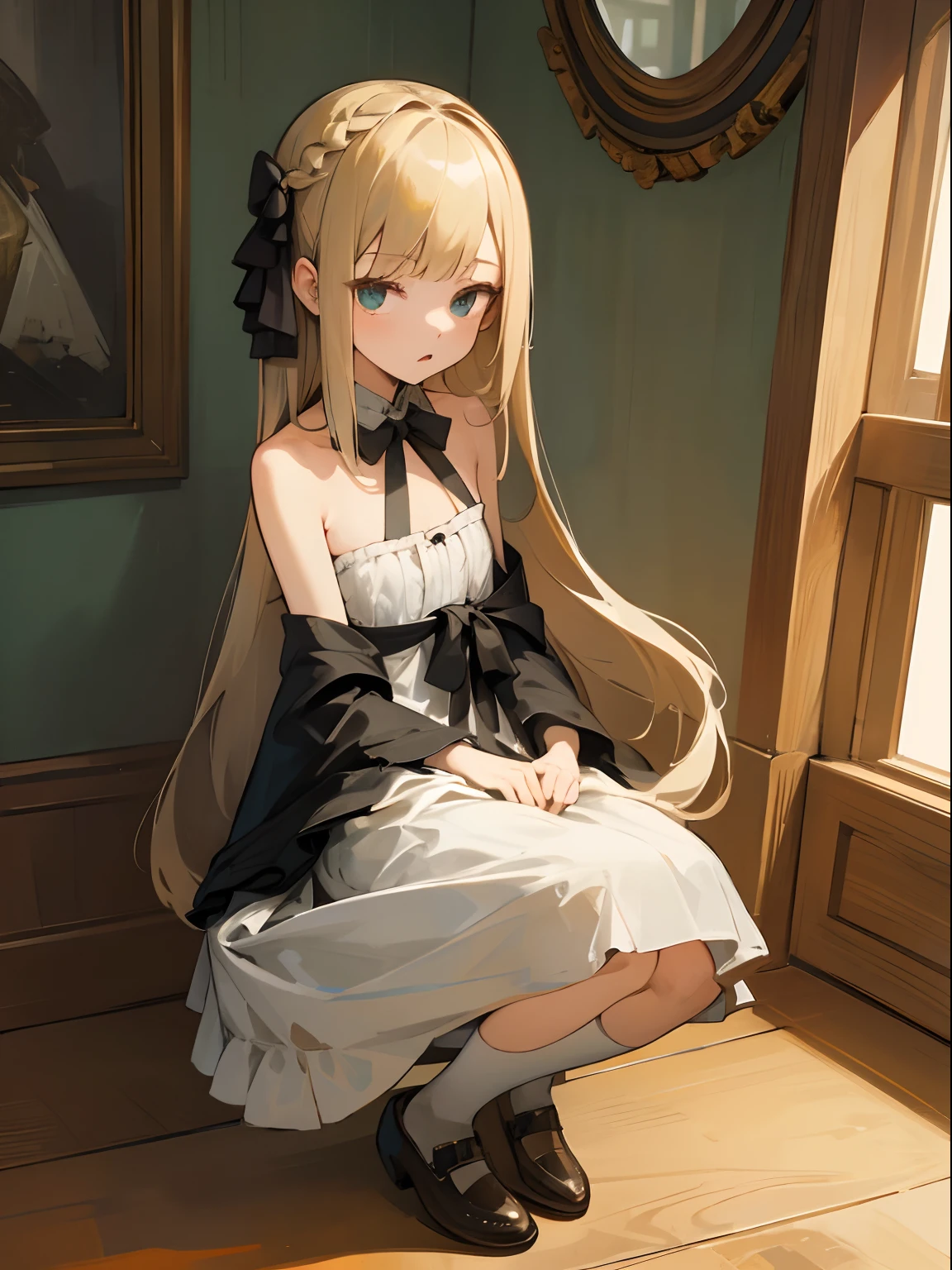 Reines, 1girl, high quality, best quality, illustration, masterpiece, (highly detailed:1.2), (extremely detailed:1.3), bare shoulders, young girl, string ribbon, short skirt, full body, braid, petite, loli, in a house