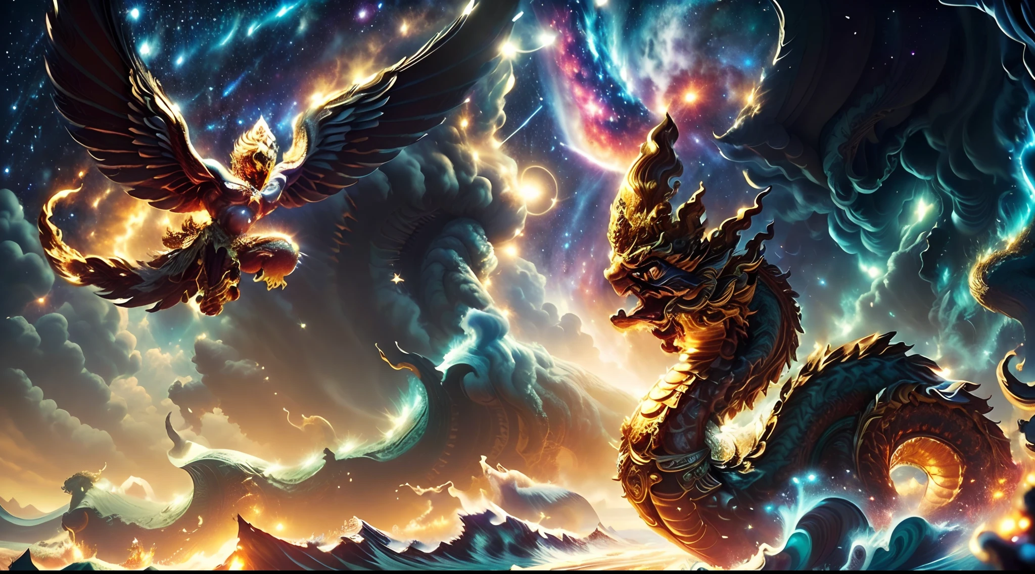 (masterpiece, top quality, best quality, official art, beautiful and aesthetic:1.2), (PhayaKrut King Garuda:1.1), (NagaSerpentGod:0.8), (fractal art:1.3), (ocean, big wave:1.3), (storm, thunder), fire, sun, cumulus, starry sky, moon, long exposure, (scenic view:1.1), outdoors, night, (glittering lights:1.2), (night sky:1.4), (glittering stars:1.4), cosmic, (nebula:1.2),