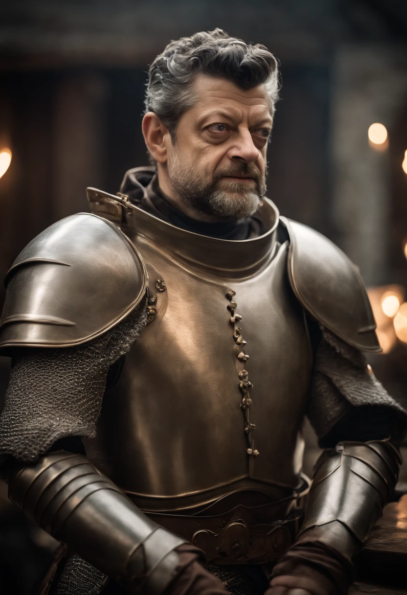 Portrait of a fantasy character. ((Andy Serkis)), head of night guard, light plate armour, fantasy setting, white shirt under armour, slightly longer hair