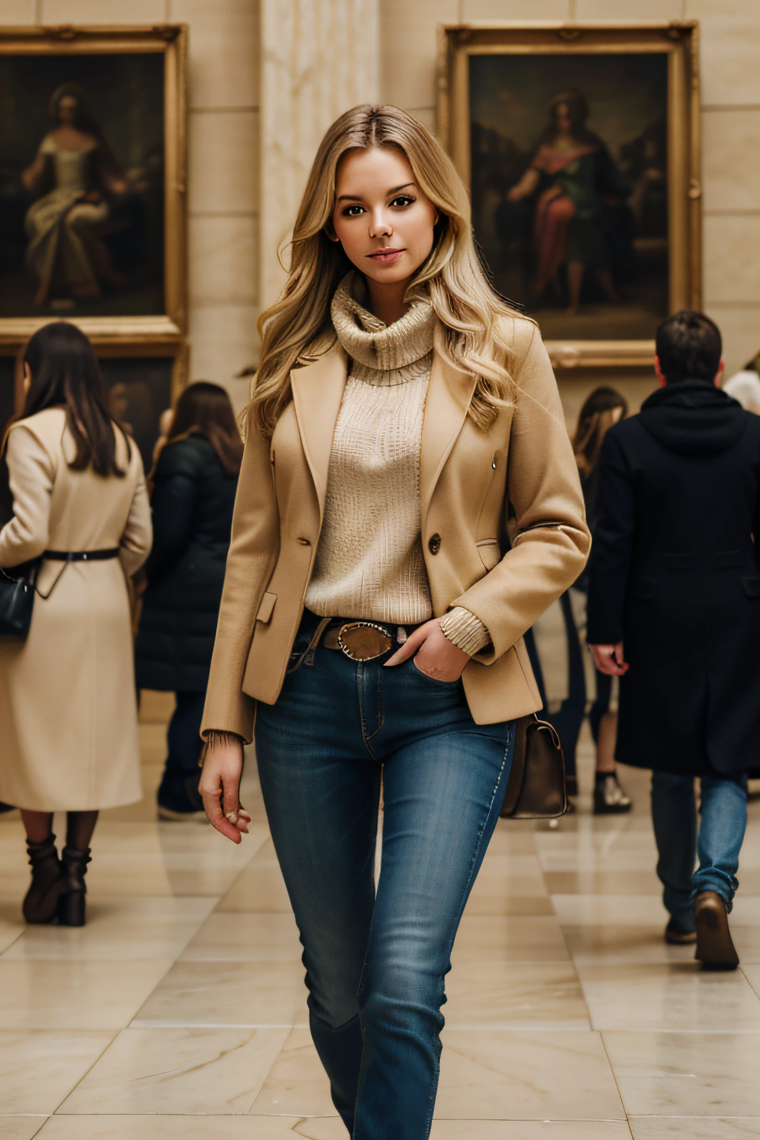 full body, blonde natural, gorgeous, city girl, western, winter clothes, hot girl, walking in the Louvre Museum, (masterpiece), best quality, high resolution, extremely detailed, blurred background, depth of field, cinematic lighting,