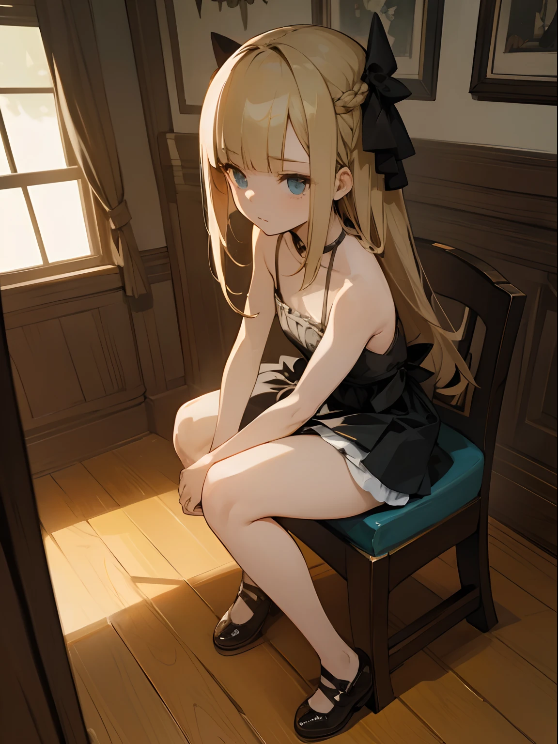 Reines, 1girl, high quality, best quality, illustration, masterpiece, (highly detailed:1.2), (extremely detailed:1.3), bare shoulders, sleeveless, young girl, string ribbon, short skirt, braid, petite, loli, in a house