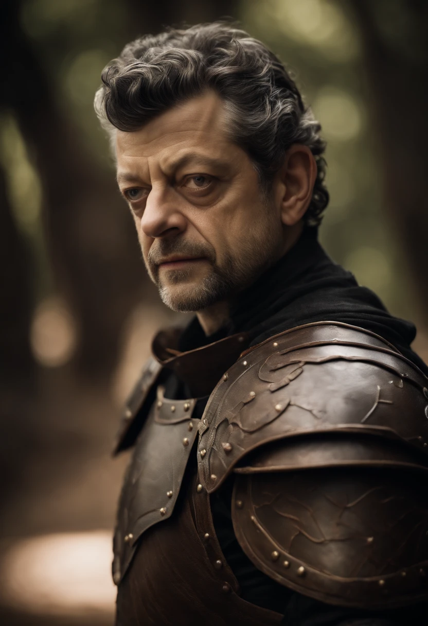 Portrait of a fantasy character. ((Andy Serkis)), head of night guard, light plate armour with leather armour, fantasy setting, white shirt under armour