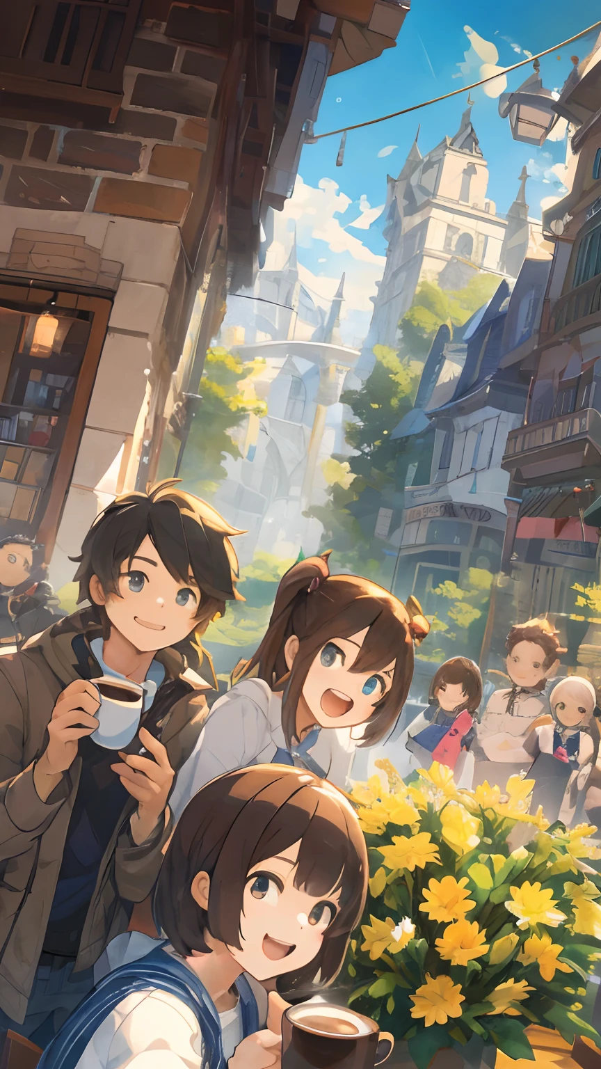 Top quality, Best quality, High-quality illustrations, Masterpiece, Super high resolution, Detailed background, Detailed background, coffee table, group picture:0.5, 6+Boys, 6+Girls, cheerfulness, Joyful, self-shot:0.2,