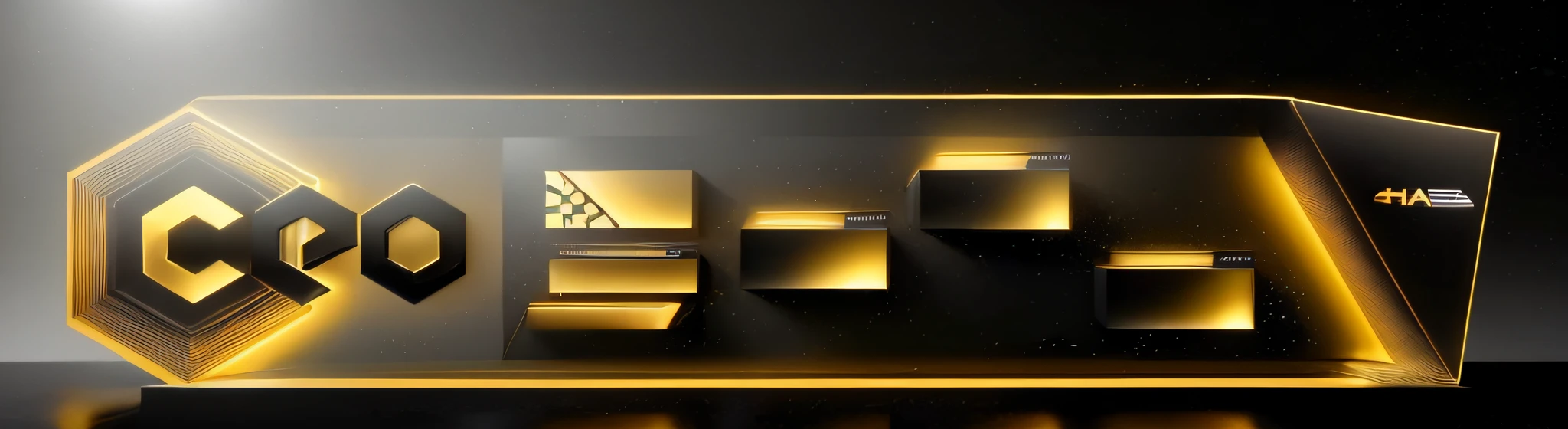 A golden,Modern on black background, International event logo display device, The style is realistic landscape, {gold, dark gray}, Minimalist style, light box, glowing lines, International style, Rendered in Cinema4D, miwa komatsu, 8K, Graphic advertising, High contrast shadows