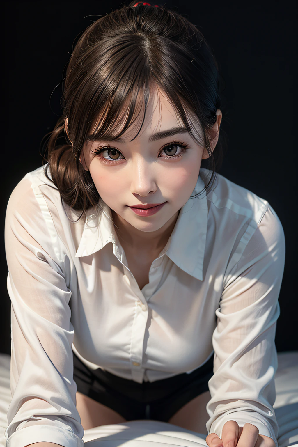 ((Top quality, 8K, Masterpiece: 1.3)), Sharp focus: 1.2, (ultra realistic), (Photoreal), (Increased resolution), (8K), (Extremely detailed), (best photos), (beautifully detailed eyes), (Best Quality), (Ultra detailed), (Masterpiece ), (wall paper), (Detailed face), Solo, one Japanese refined lady, age 24, tall, height 165cm, pureerosfaceace_v1, slender dark eyes, low ponytail, (long-sleeved white shirt), office uniform that enhances her well-proportioned body shape, charcoal lace panties, looking up the viewer, kneeling, (dark background: 1.3), on bed, (intimate smile), sweating, blushed