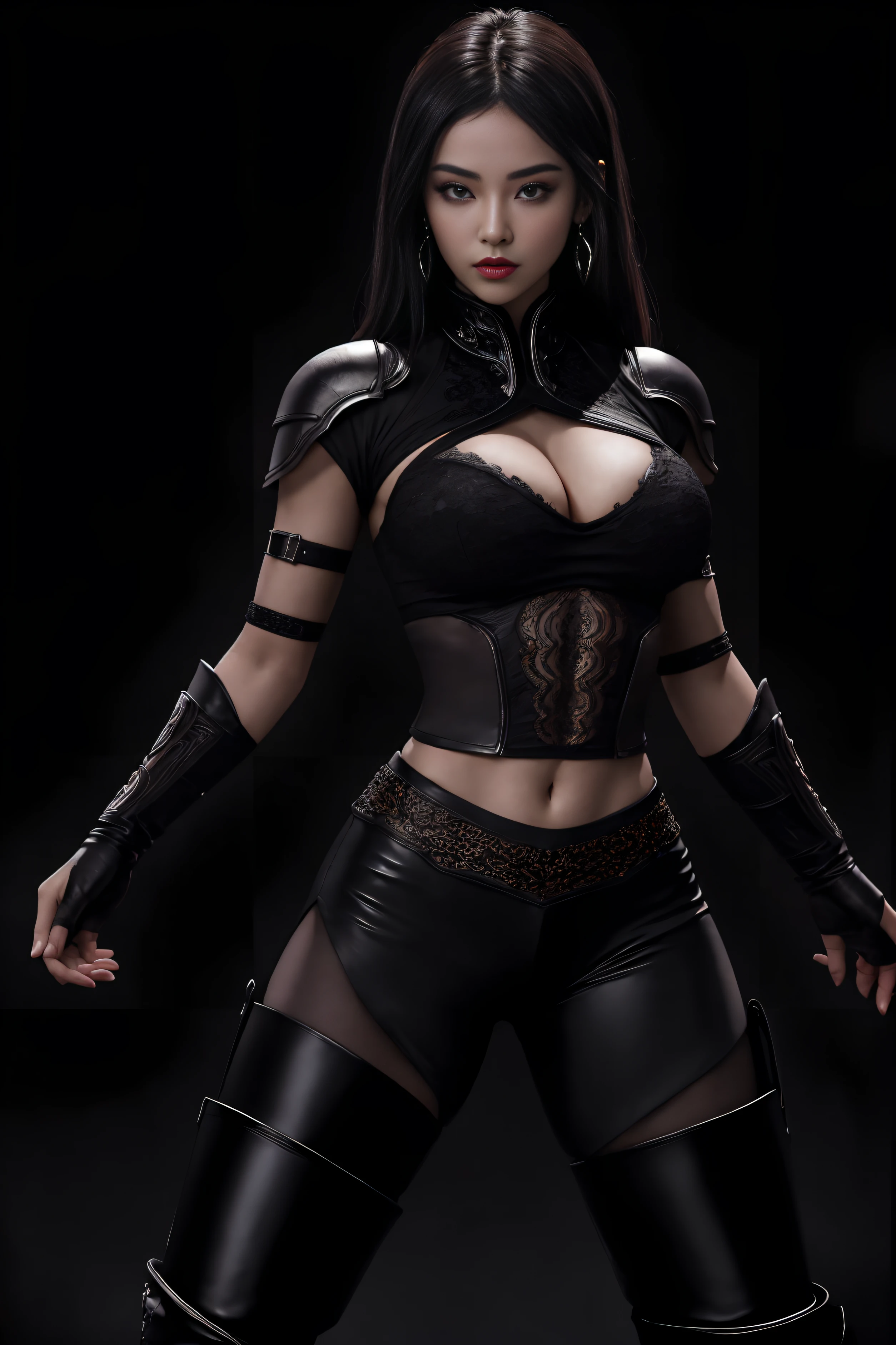 (masterpiece, top quality, best quality, official art, beautiful and aesthetic:1.2), (1girl:1.3), (fractal art:1.3), solo, Jade from mortal kombat, Mortal Kombat video game, black headband, long hair, large breasts, deep cleavage, beautiful face, Asian lady, see-through lace top, ((tight fitted pants)), black gloves, black brown hair, long patent leather black boots , earrings, midriff, navel, toned, looking at viewer, full body, seductive stance, legs apart, (dark city night black background:1.4), bright neon lighting, cinematic lighting