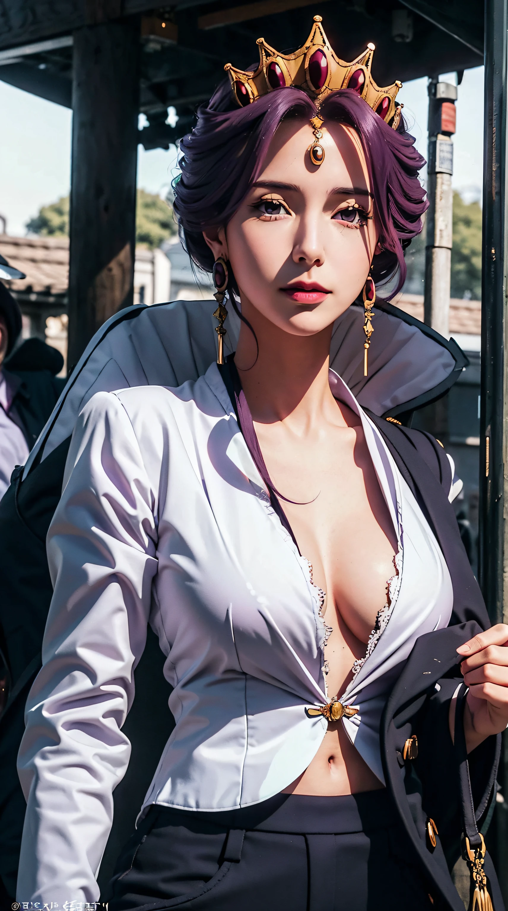 Mirellia_Q_Melromarc, perfect_breasts, purple_hair, purple_eyes, jewelry, earrings, beautiful, beautiful woman, perfect body, perfect breasts, wearing a white formal shirt, black blazer, black trousers, handbag, wearing a watch, wearing earrings, in public, creatures in tokyo city, being on the street, looking at the viewer, a slight smile, realism, masterpiece, textured skin, super detailed, high detail, high quality, best quality, 1080p, 16k