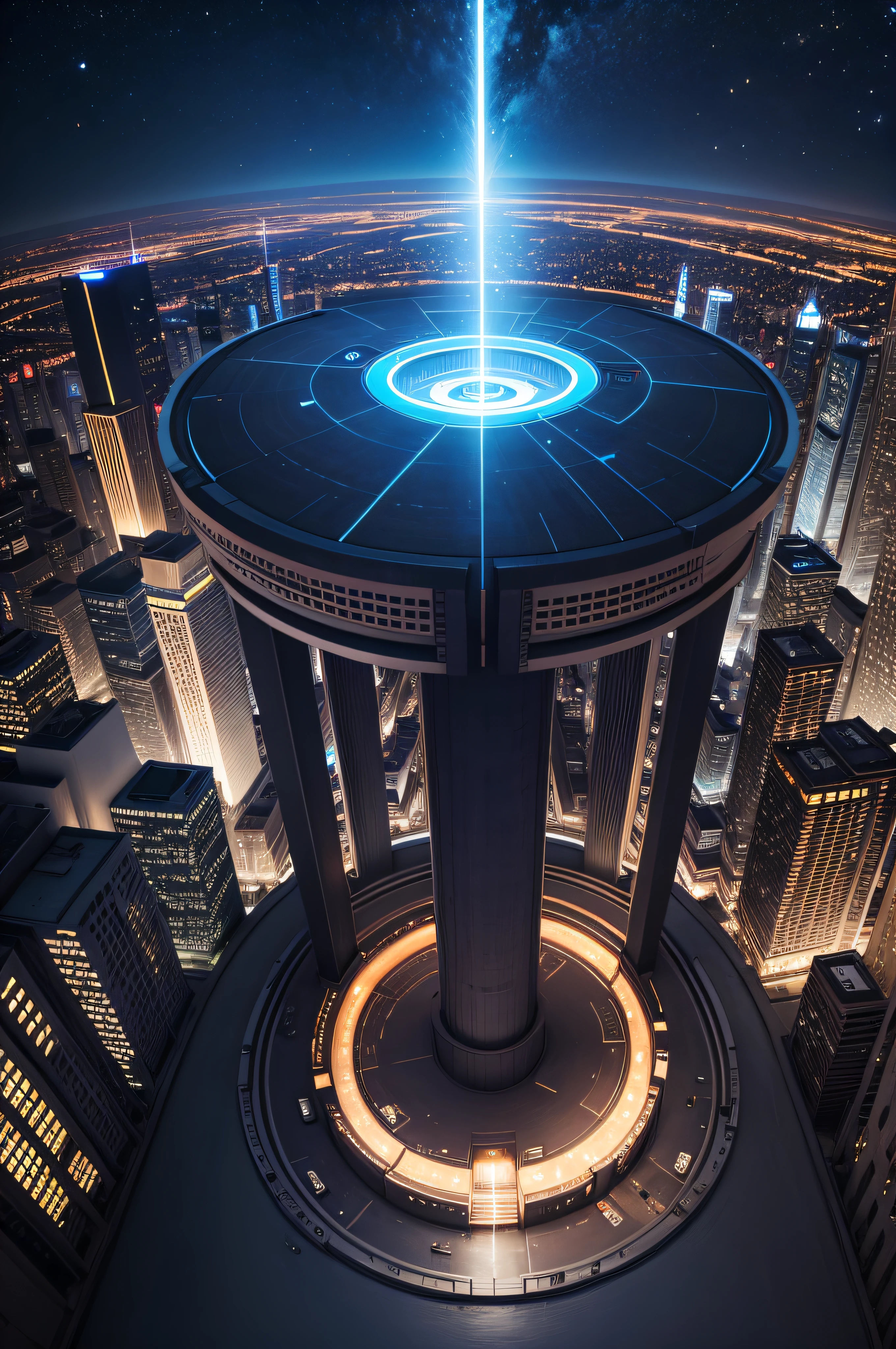 round portal , blue , night , city , no human