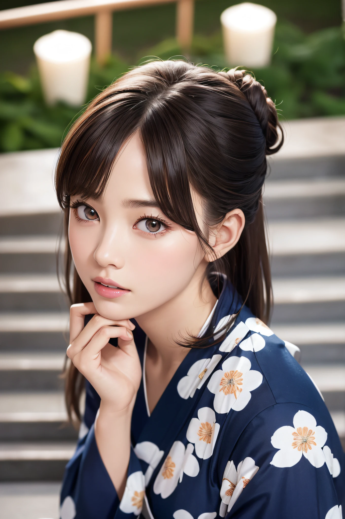 (masutepiece:1.3), High resolution, ultra-detailliert, the Extremely Detailed CG Unity 8K Wallpapers, Realistic, Photorealsitic, Raw photo, beautifull detailed face, pale skin, realistic glistening skin, Detailed Cloth Texture, detailed hair texture, Perfect body, Beautiful face, acurate, Anatomically correct, Highly detailed face and skin texture, Natural neck length, (Fair skin:1.2), thin legs, Thin feet, (Aligned teeth:1.1), Sweaty skin, BREAK, Detailed eyes, symmetrical eye, Light brown eyes, Double eyelids, Thin eyebrows, (Sleepy eyes:1.1), (Glossy lips:1.4), (Mouth waiting for a kiss:1.2), (blush:1.2), (Small hair accessories that sparkle:1.1), BREAK, (classy girl:1.3), (Wearing (navy blue yukata:1.2) With a white floral pattern), BREAK, ((Close Up Shot:1.2)), medium breasts, Slender figure, Firm abs, ((up do hairstyle, Dark blonde hair, Wavy Hair, Long hair:1.1)), ((asymmetric bangs:1.2)), BREAK, ((Stand on the stairs with your chin gently lifted:1.3)), ((In the night sky behind the riverside terrace、Countless colorful fireworks are being launched:1.1)),