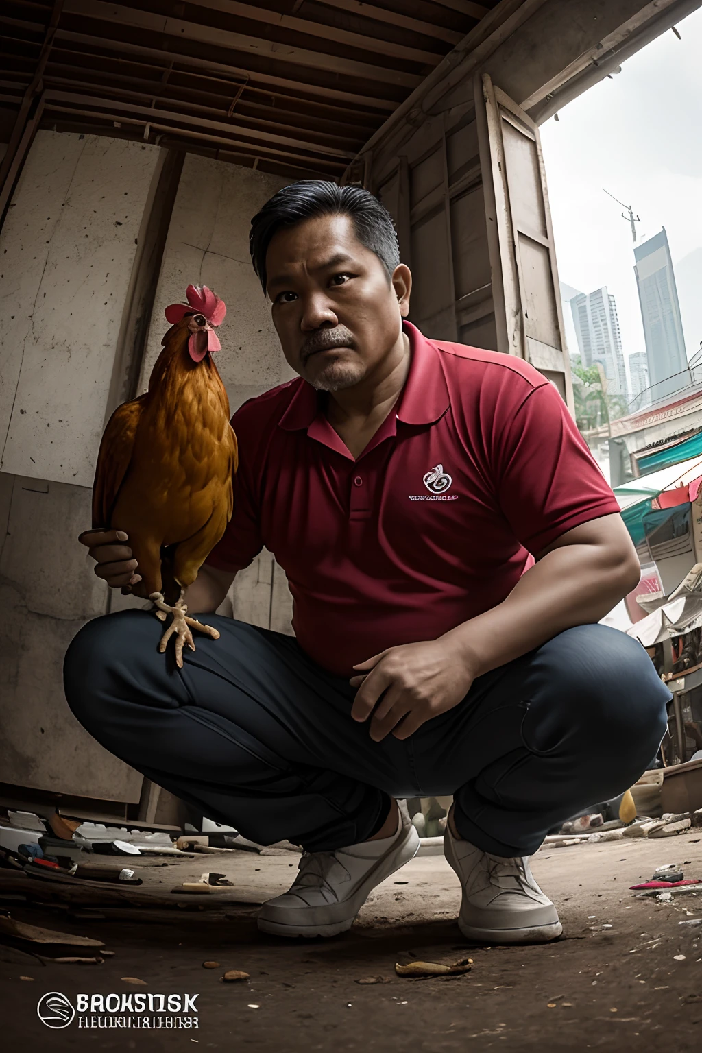 Photorealistic, 8k, cmyk+, dynamic composition, high angle lens, fisheye lens, middle-aged Malay man, squatting, holding a rooster,