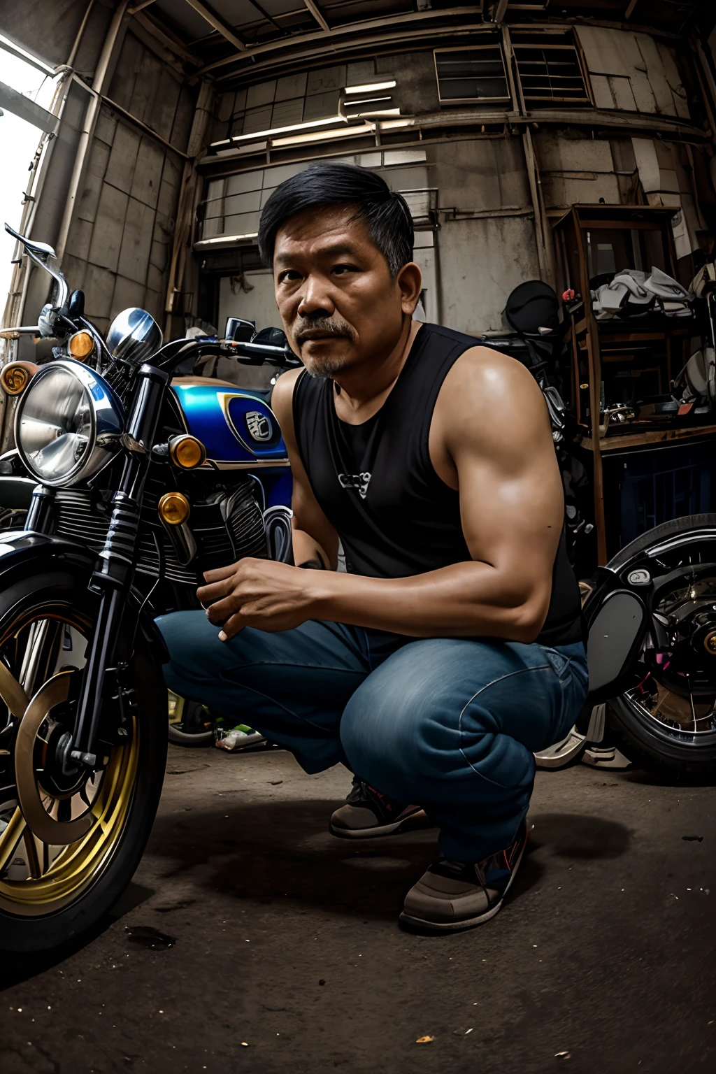 Photorealistic, 8k, cmyk+, dynamic composition, high angle lens, fisheye lens, middle-aged Malay man, squatting, next to an old Honda CD70 motorcycle, at a motorcycle workshop.