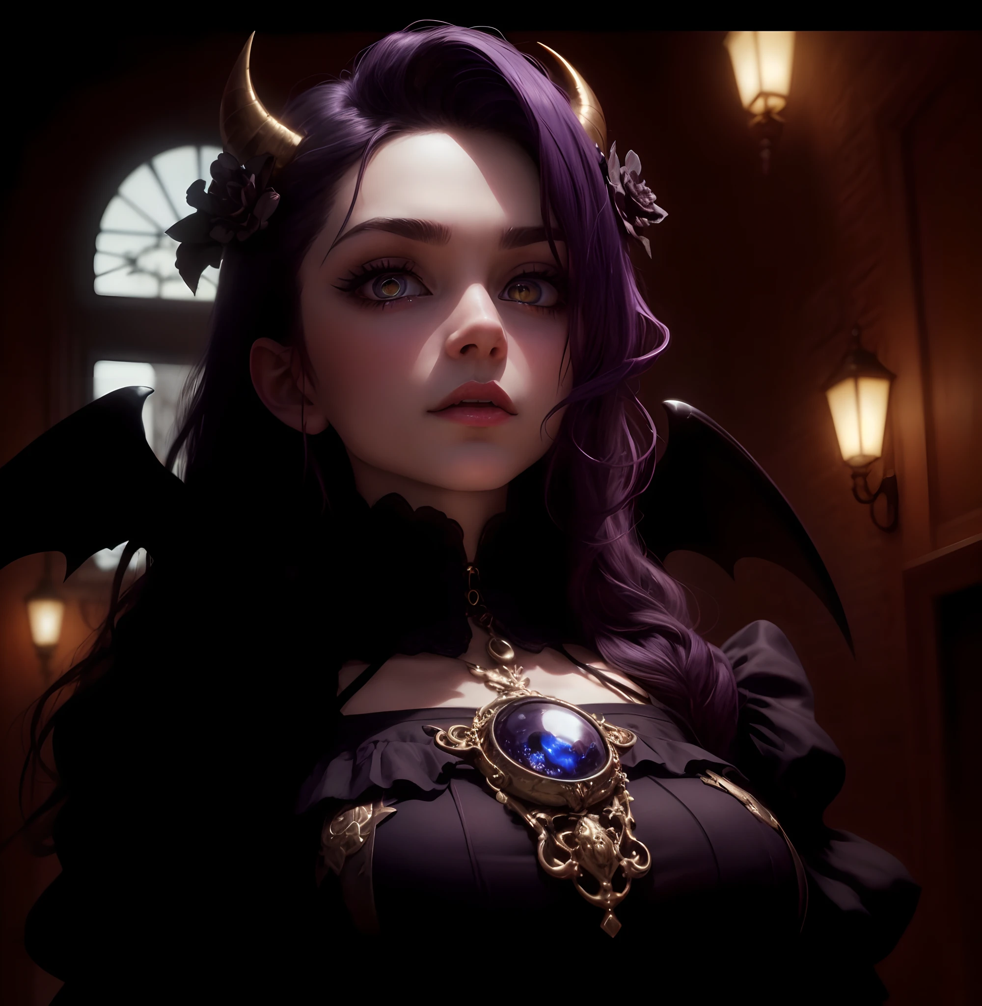 (dunkel,gotisch,beautiful,artistic ,Seductive Evil Eye),lila und schwarzes Kleid,long black hair with purple highlights,Detailed purple and black wings,black horns,durchdringende lila Augen,High-resolution 8K image,dark and mysterious background,Lebendige Farben,Unendliche Dunkelheit,somber atmosphere, Goldene Verzierungen