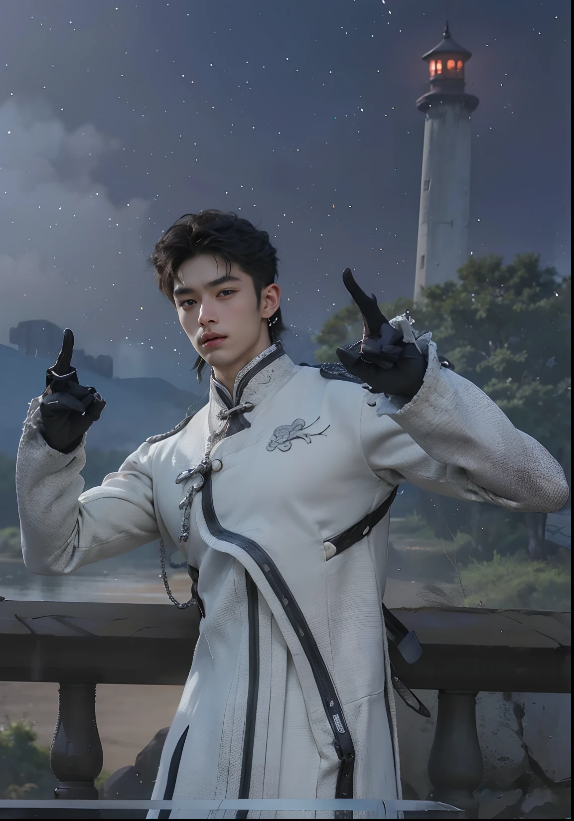 (RAW photo, Best quality), (Realistic man, photo-realistic:1.3), tmasterpiece, Young Chinese men of the Song Dynasty，Ancient Chinese white robe，The hem is flying，Exposing the pectoral muscles，Expose abs，Exposing thighs，Large bulge at the crotch，Very masculine and masculine, The is very detailed, CG, Unity , 2k wallpaper, Amazing, finedetail, Extremely detailed CG Grand Unity 8K wallpaper, hugefilesize , ultra - detailed, A high resolution, absurderes, the soft light, Pietro Boselli people, White skin of the, Detailed fingers, extremely detailed eyes ancface, Beautiful detailed nose, 美丽细致的眼睛, looking at viewert, (1人, Handsome face),Flying long hair，Bunched hair，photorealiscic face，Realistic figure，cabelos preto e longos，Stretched posture，Light WeChat，Rejoice，cheerfulness，Be red in the face，exhilarated，having fun，cheerful big breasts，mountain water，Heavy fog，ln the forest，Dingdall effect，Depth of field blur，The background is blurred with a large aperture