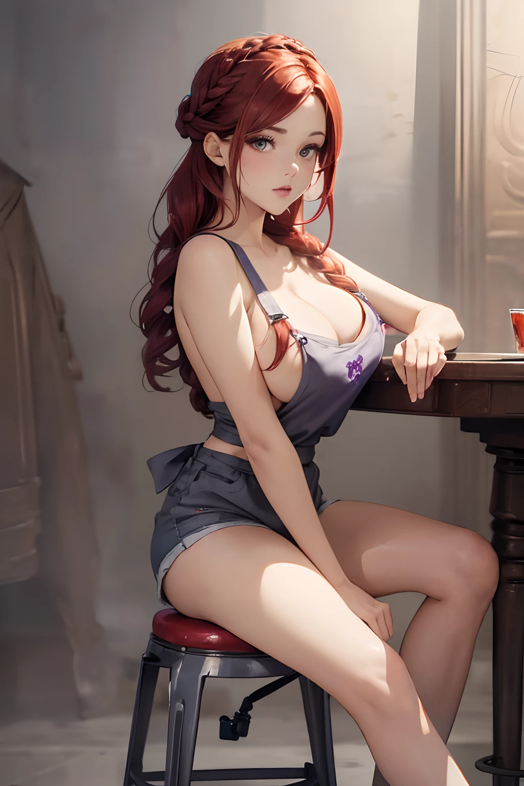 ((masterpiece, best quality, cinematic, photorealistic, ultra-detailed)), ((medium shot, front view)), ((perfect anatomy, perfect eyes, perfect hands, large cleavage, round legs, round ass)), ((female model)), ((detailed medium and shiny hair, braided updo hairstyle, rich red hair color:1.2)), ((topless)), ((wearing purple apron with watercolor-inspired patterns in shades of purple and silver details)), ((wearing gray short shorts)), ((dynamic background)), ((sensual pose)), ((sitting on a high metal stool chair))