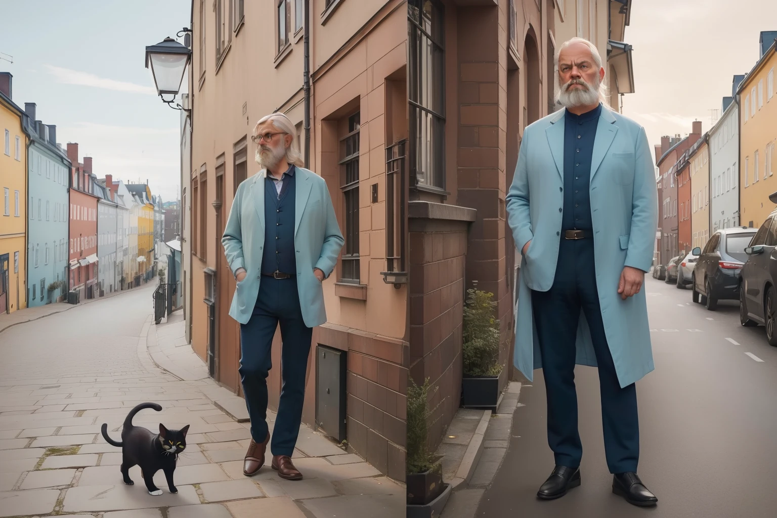 year: 2023. Location: Sweden. Pre-Raphaelite, 59-year-old man, ((clean classic look)), ((grumpy)) ((strict)), watching a cat, standing in the street, terraced houses, ((((Clothing from the 2020s)))) ((Hairstyle of the 2020s)), pastel colors, (((cinematic style)))
