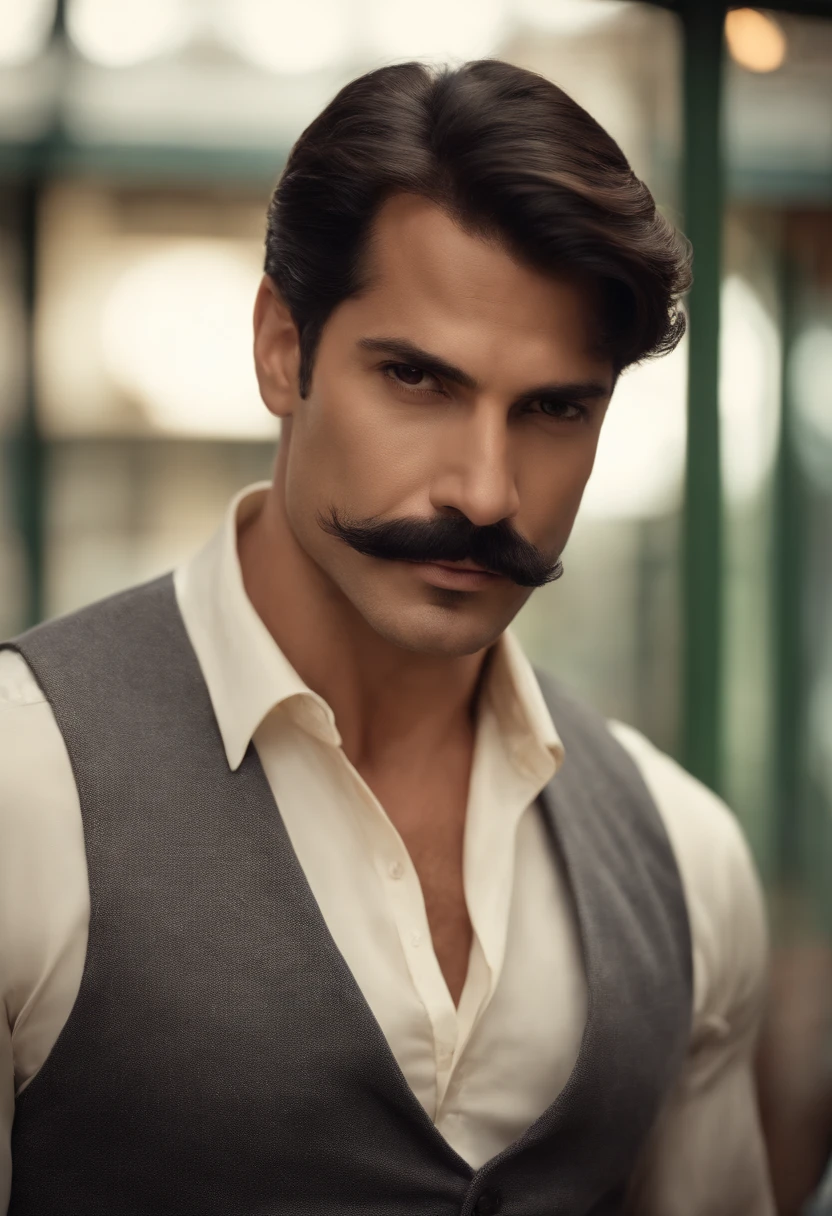 (Masterpiece,Best Quality,High Quality,Highres,detail enhancement)): Hyper-realistic image of a handsome 38-year-old Hispanic man with mustache, Sideburns and medium dark haircut, alto, corpo volumoso, thick arms, coxas grossas, bumbum grande, vestido com uma camisa social branca com mangas curtas, beige social pants, black shoes