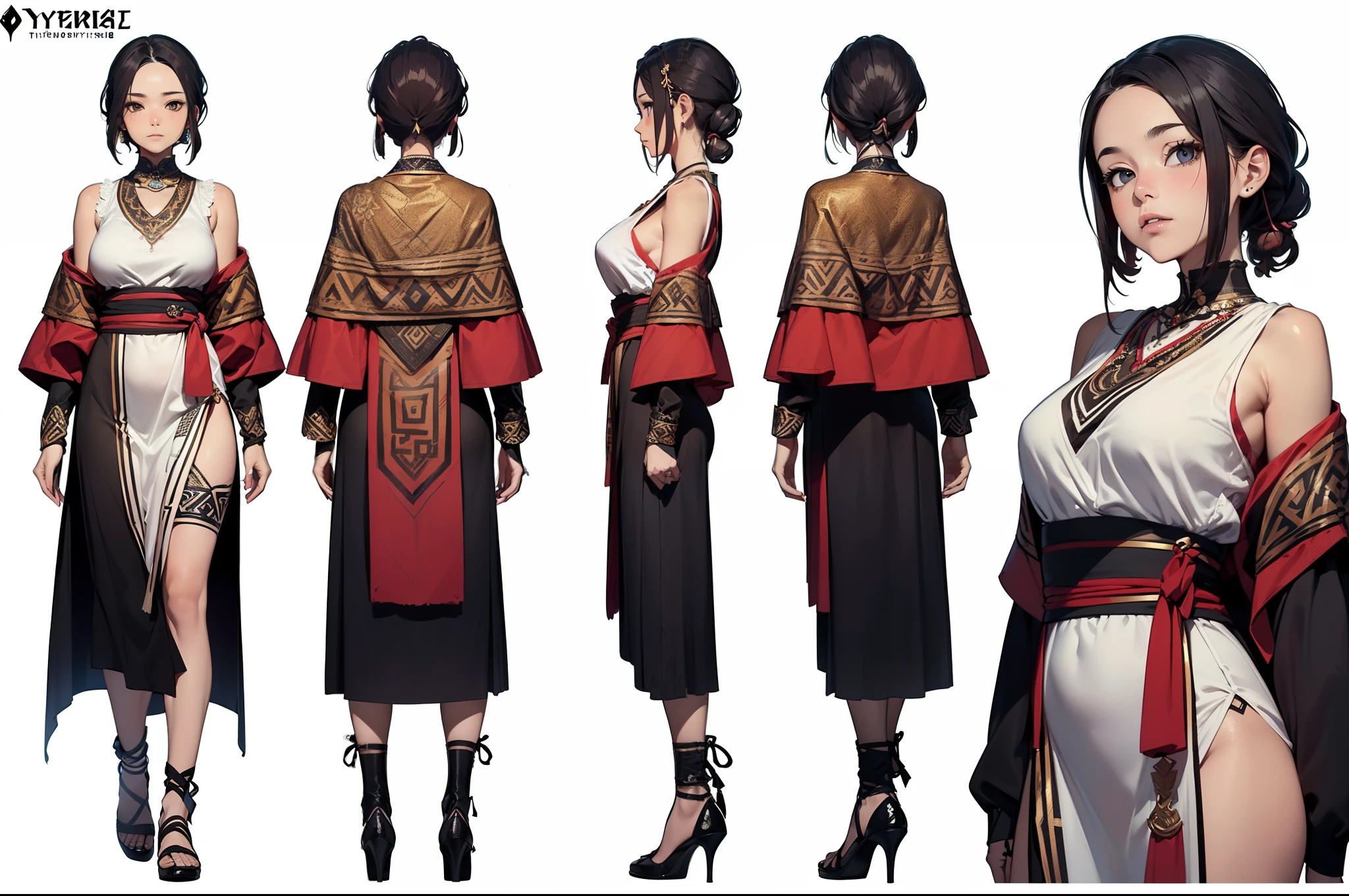 (best quality), ((masterpiece)), (in image), (high detailing), (character design sheet, same character full body, front , side , back), (face portrait far right of the picture), ((Greece mix tribe cloth design)), ((woman wife)), (sci-fi), (simple background, white background: 1.3) ,white cloth