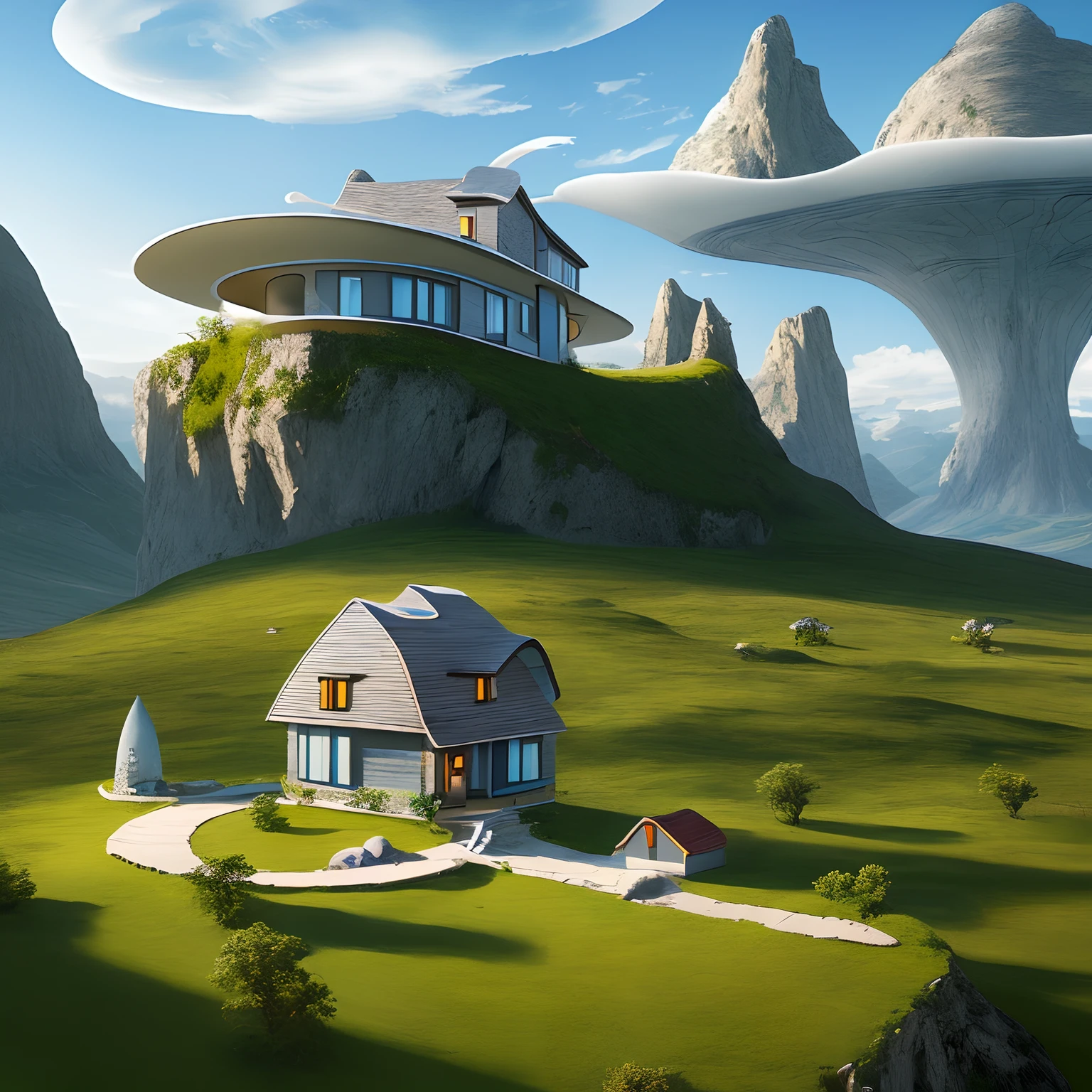 Small house in the wild with ufos, Dali style