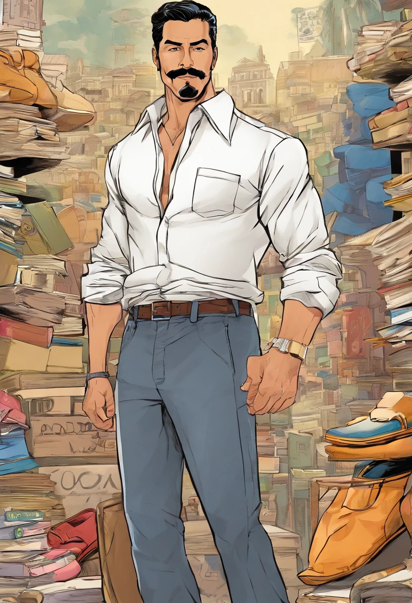 (master part,best quality,alta qualidade,Alto,aprimoramento de detalhes)): Hyper-realistic image of a handsome 38-year-old Hispanic man with mustache, Sideburns and medium dark haircut, alto, corpo volumoso, thick arms, coxas grossas, bumbum grande, vestido com uma camisa social branca com mangas curtas, beige social pants, black shoes