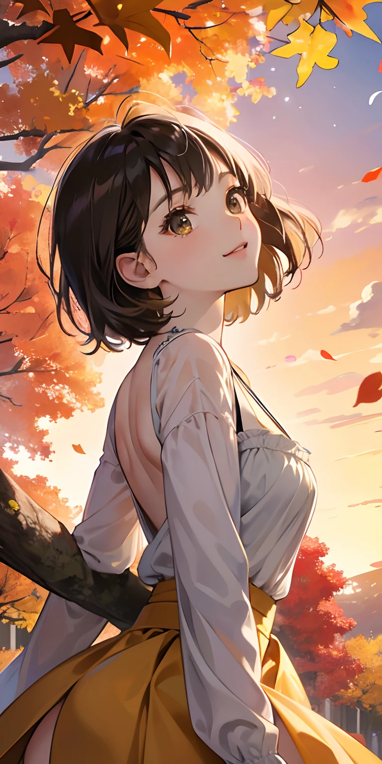 realisticlying、( female child)、Outdoshion、Emphasis on backward buttocks、Dynamic close-up looking up from under a ginkgo tree、Beautiful autumn leaves、Slightly larger breasts with an emphasis on cleavage、Versatile sexy poses、The sky turns red at sunset、Face smile