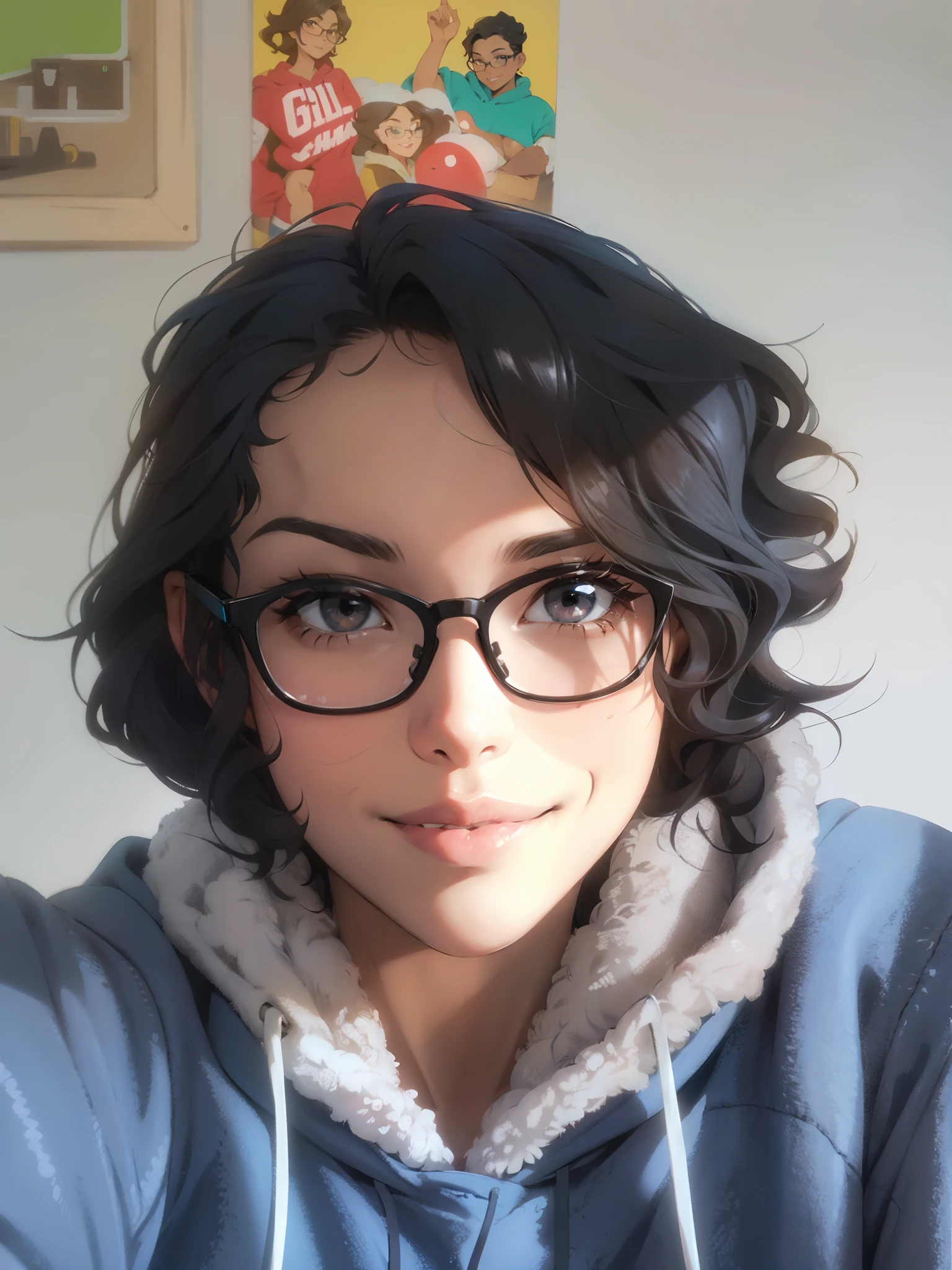 Solo, female, glasses, thick lips, big lips, small smile, wavy hair, blue fluffy hoodie, tan skin, black hair
