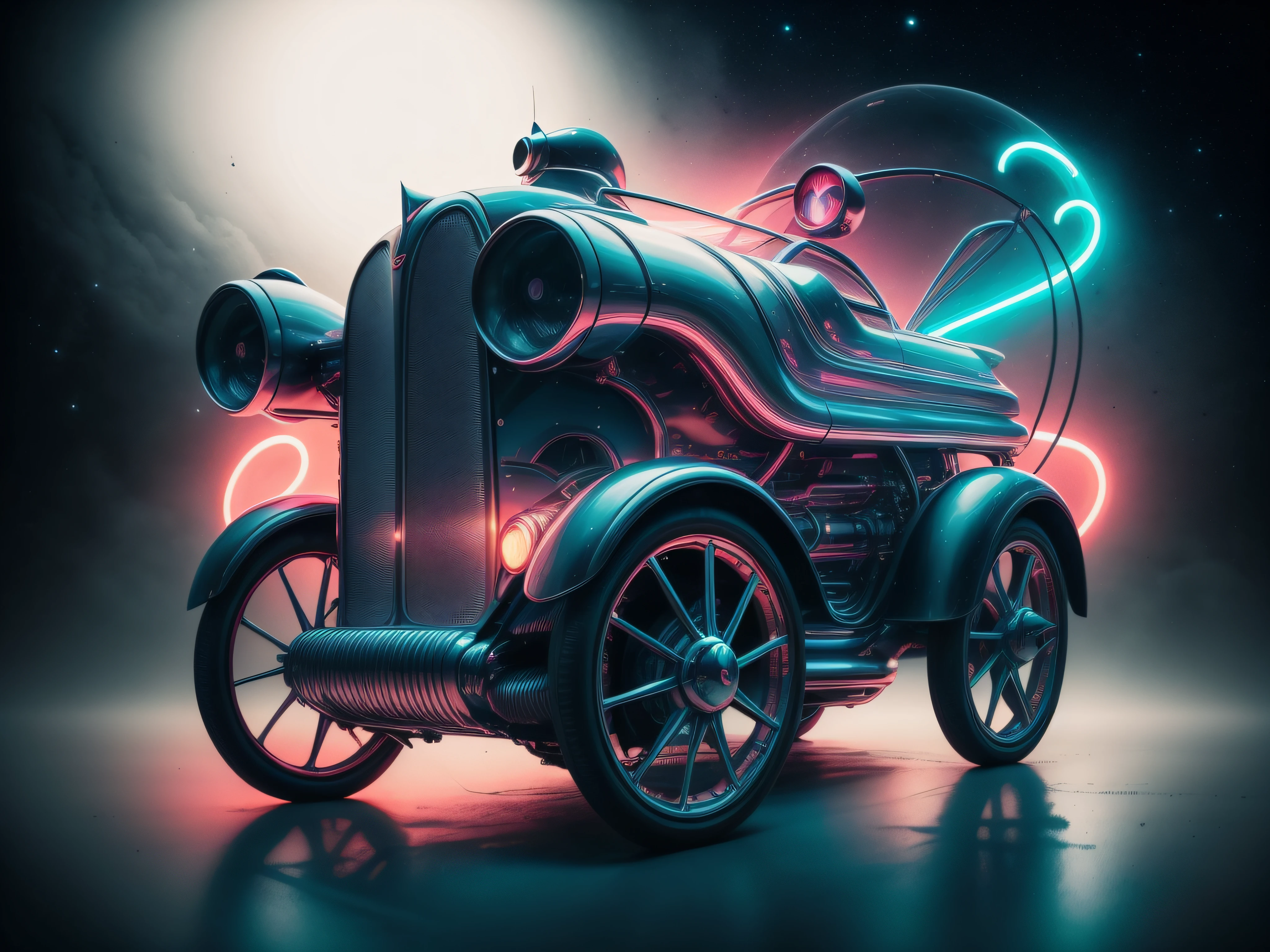 EStilo futurista, luces de neon, Un primer plano de un coche, fondo futuristico de noche, luces de neon, cuerpo ancho, Surrealist illustration, Arte oscuro surrealista, obra maestra, hiperrealista, lluvia, alta definicion