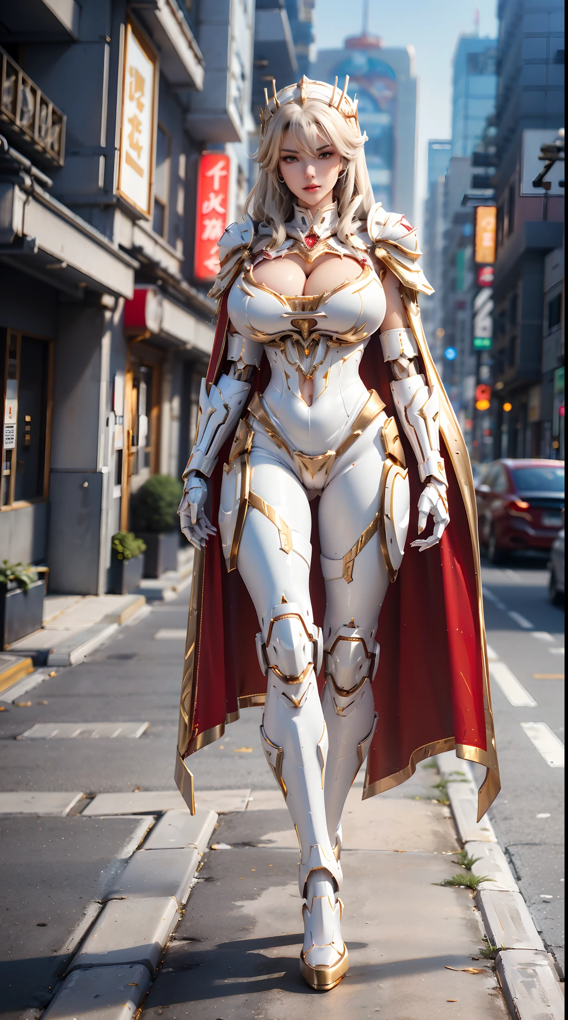 1GIRL, SOLO, (white long hair), (HUGE FAKE BOOBS:1.3), (GUARD ARM, GLOVE), IMMORTAL, (white, red, gold, FUTURISTIC MECHA ARMOR SUIT, ROYAL CAPE, CLEAVAGE:1.5), (SKINTIGHT YOGA PANTS, HIGH HEELS:1.2), (NSFW GLAMOROUS BODY, SEXY LONG LEGS, FULL BODY:1.3), (FROM FRONT, LOOKING AT VIEWER:1), (WALKING DOWN ON STREET NIGHT CITY:1.3), PHYSICALLY-BASED RENDERING, ULTRA HIGHT DEFINITION, 8K, 1080P.