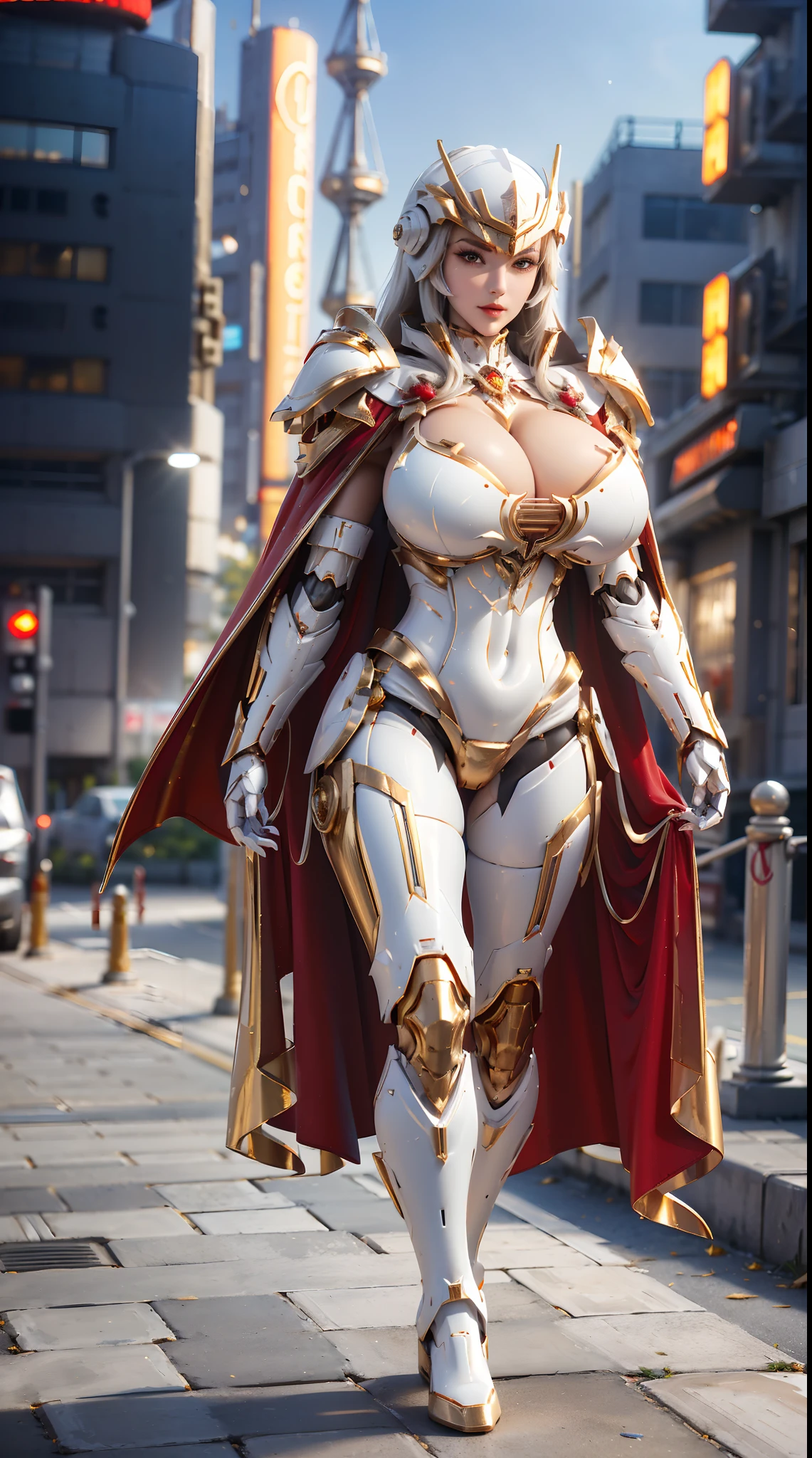 1GIRL, SOLO, (white long hair), (HUGE FAKE BOOBS:1.3), (GUARD ARM, GLOVE), IMMORTAL, (white, red, gold, FUTURISTIC MECHA ARMOR SUIT, ROYAL CAPE, CLEAVAGE:1.5), (SKINTIGHT YOGA PANTS, HIGH HEELS:1.2), (NSFW GLAMOROUS BODY, SEXY LONG LEGS, FULL BODY:1.3), (FROM FRONT, LOOKING AT VIEWER:1), (WALKING DOWN ON STREET NIGHT CITY:1.3), PHYSICALLY-BASED RENDERING, ULTRA HIGHT DEFINITION, 8K, 1080P.