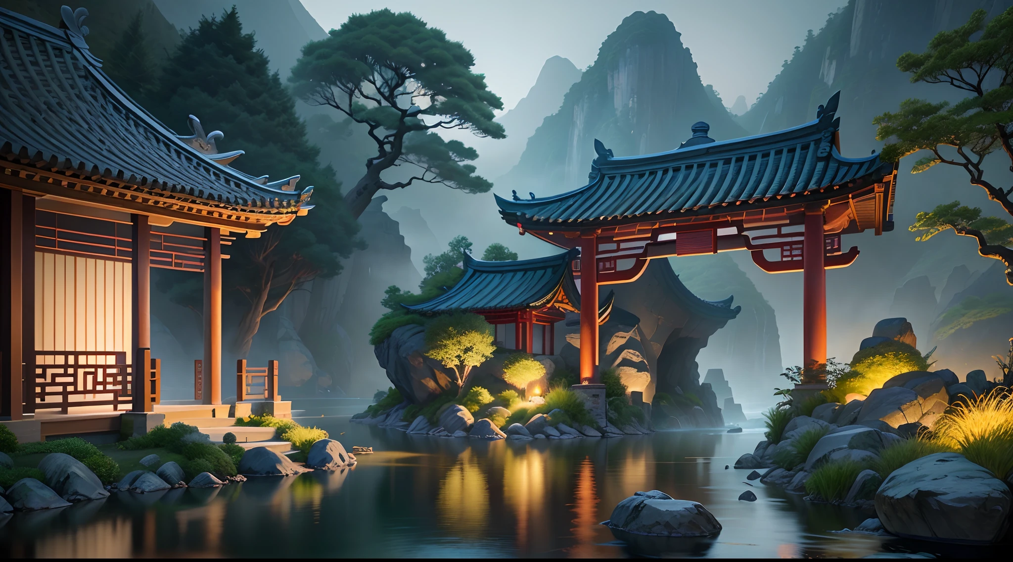 Ancient Chinese architecture, simple colors, cool tones, dark night, garden, bamboo, lake, stone bridge, rockery, arch, corner, tree, running water, landscape, outdoor, waterfall, grass, rock, dense fog, (illustration: 1.0), epic composition, HD detail, masterpiece, best quality, (very detailed CG unity 8k wallpaper) --v 6