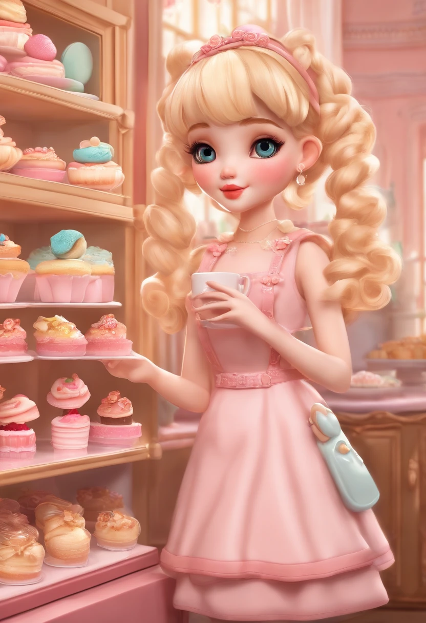 masterpiece, highly detailed, (chibi:1.3), , (1girl), blonde hair, pastel colors, cozy atmosphere, dessert display case, macarons, cupcakes, tarts, cakes, coffee machine, chalkboard menu, natural lighting, glass jars filled with candy, frosted window panes, decorative plates, whimsical decor, sugar sculptures,