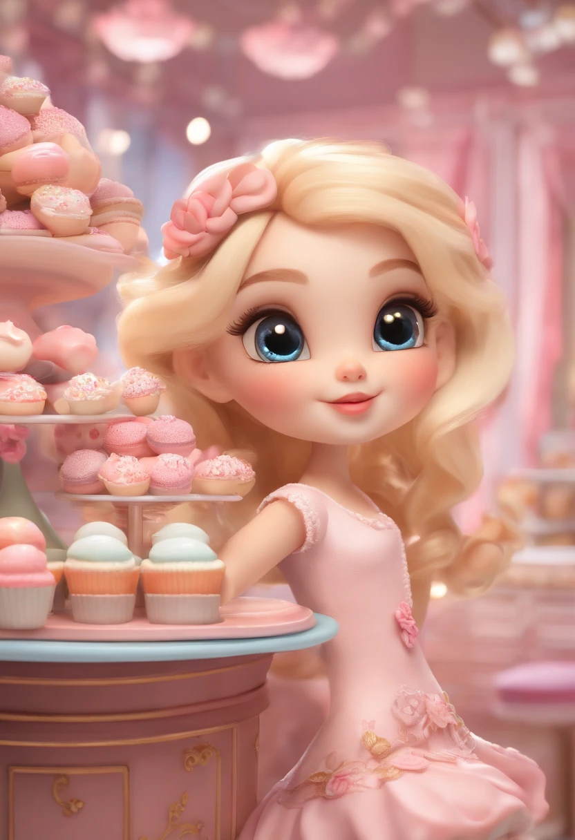 masterpiece, highly detailed, (chibi:1.3), , (1girl), blonde hair, pastel colors, cozy atmosphere, dessert display case, macarons, cupcakes, tarts, cakes, coffee machine, chalkboard menu, natural lighting, glass jars filled with candy, frosted window panes, decorative plates, whimsical decor, sugar sculptures,