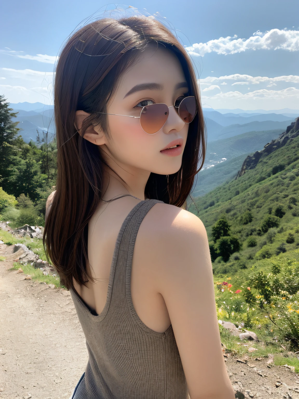 （（Best quality，8K，tmasterpiece：1.3））， 1girll， full bodyesbian， Slim face， Beautiful woman， （Short dark brown hair）， Long top， Super detailed face， Detailed eyes， back，Walking on the side of the mountain with sunglasses and looking at the mountains in the distance， blur backgroun， Slim face， Big Mountain，Sunrise，