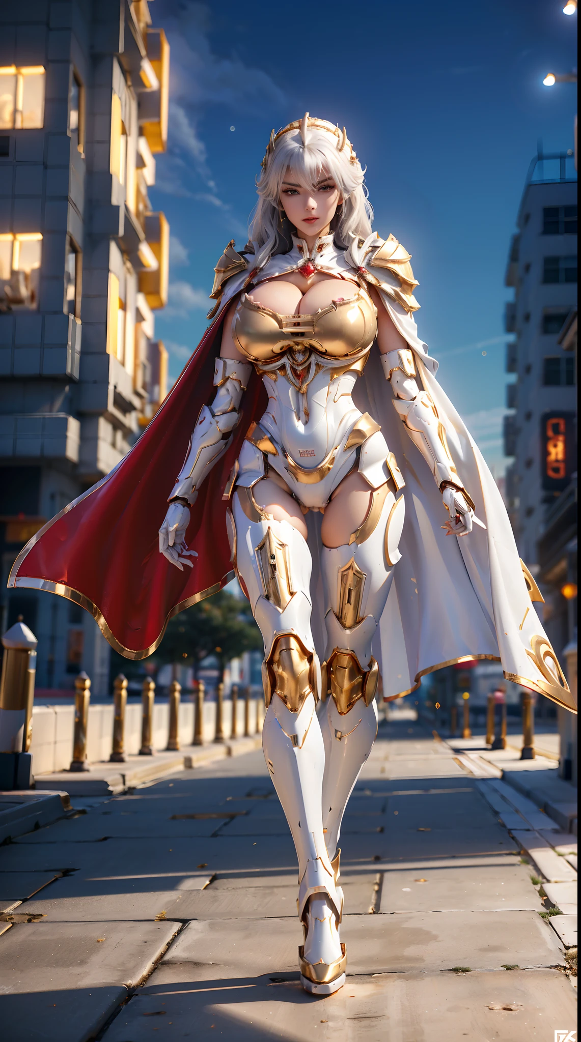 1GIRL, SOLO, (white long hair), (HUGE FAKE BOOBS:1.3), (GUARD ARM, GLOVE), IMMORTAL, (white, red, gold, FUTURISTIC MECHA ARMOR SUIT, ROYAL CAPE, CLEAVAGE:1.5), (SKINTIGHT YOGA PANTS, HIGH HEELS:1.2), (NSFW GLAMOROUS BODY, SEXY LONG LEGS, FULL BODY:1.3), (FROM FRONT, LOOKING AT VIEWER:1), (WALKING DOWN ON STREET NIGHT CITY:1.3), PHYSICALLY-BASED RENDERING, ULTRA HIGHT DEFINITION, 8K, 1080P.