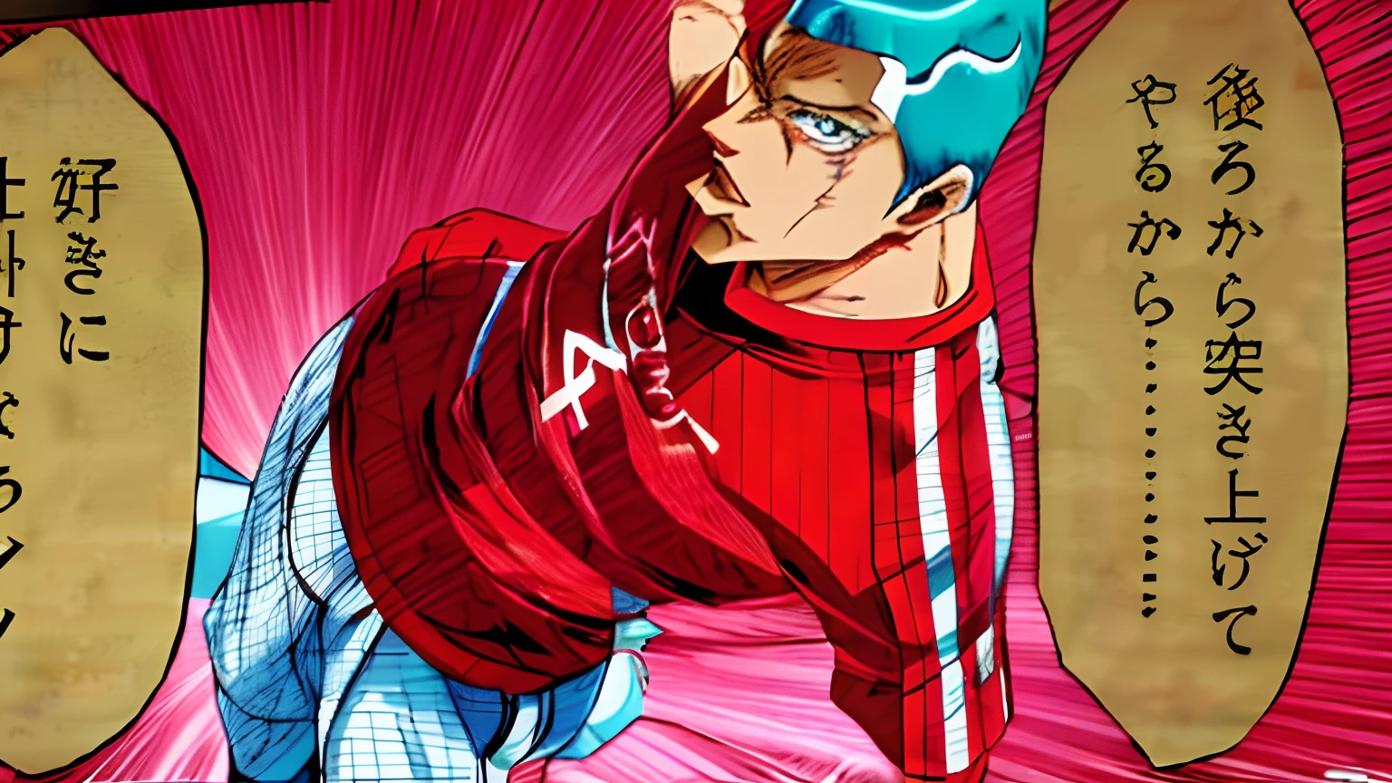 a anime of a boy, red shirt, white shorts, color manga, manga color, color manga, color manga panel, sunnyday, simple background