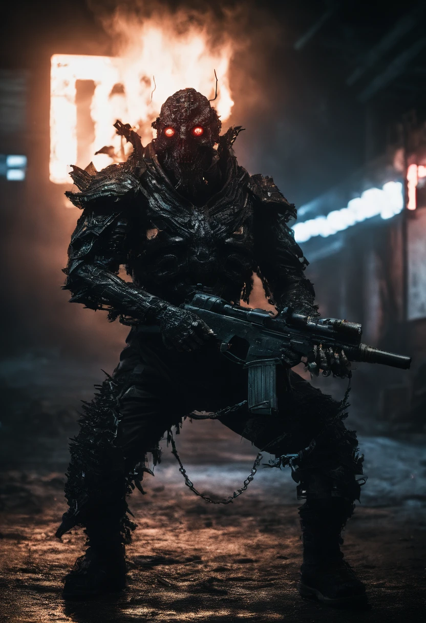Cyberpunk Demon Warrior wearing Neon Mecha Armour Holding a Staff, glowing light eyes, Wide Shot, Biomechanical, eerie, Creepy, nightmarish, Very bright neon colours, Light particles, with light glowing, winner of the year's best photo, the world on fire, post-apocalyptic hellscape military photography, photo epic of the year, fire on the horizon, epic cinematic shot, pure form, intricate detail, 8k post-production, High resolution, super Detail,