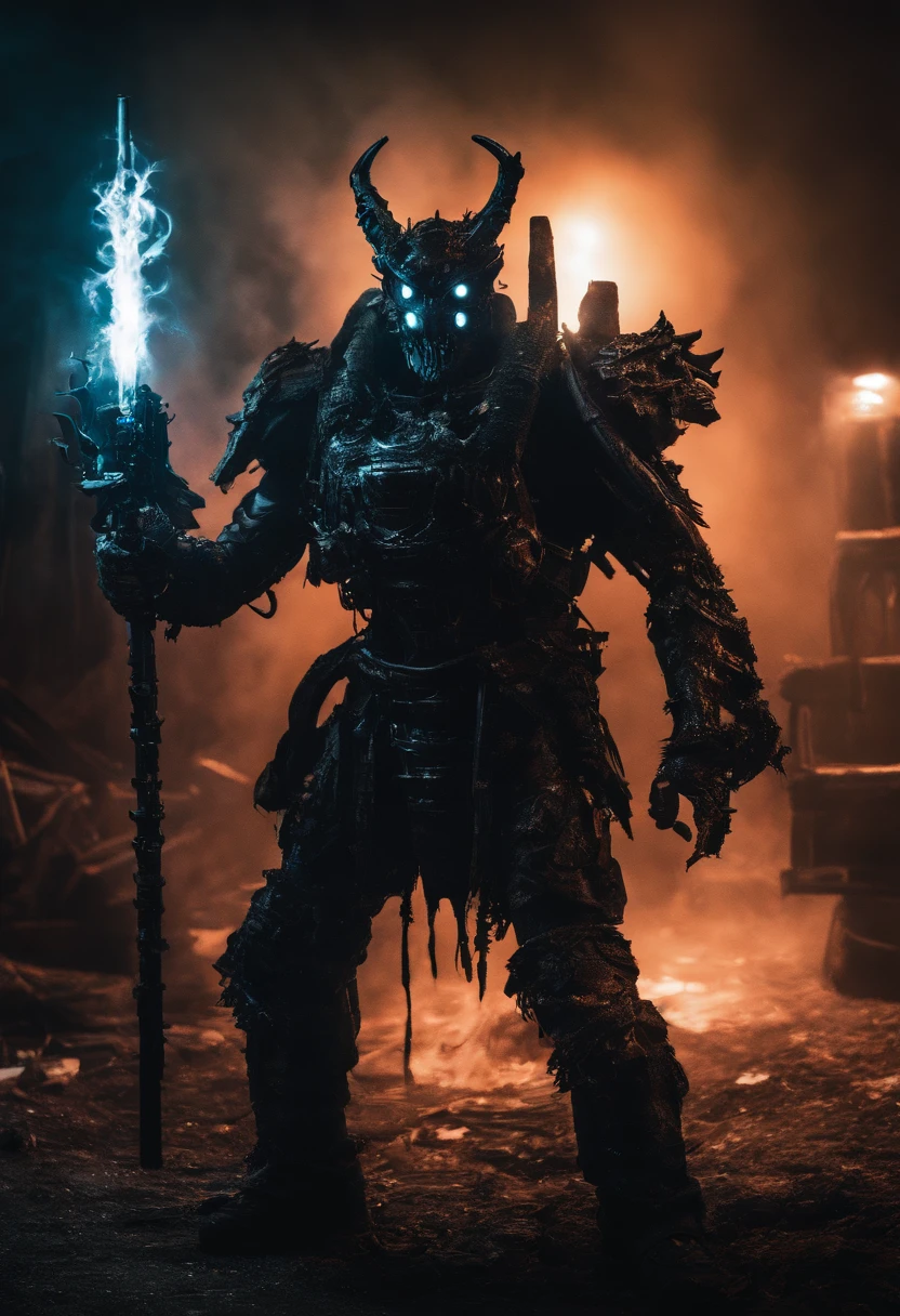 Cyberpunk Demon Warrior wearing Neon Mecha Armour Holding a Staff, glowing light eyes, Wide Shot, Biomechanical, eerie, Creepy, nightmarish, Very bright neon colours, Light particles, with light glowing, winner of the year's best photo, the world on fire, post-apocalyptic hellscape military photography, photo epic of the year, fire on the horizon, epic cinematic shot, pure form, intricate detail, 8k post-production, High resolution, super Detail,