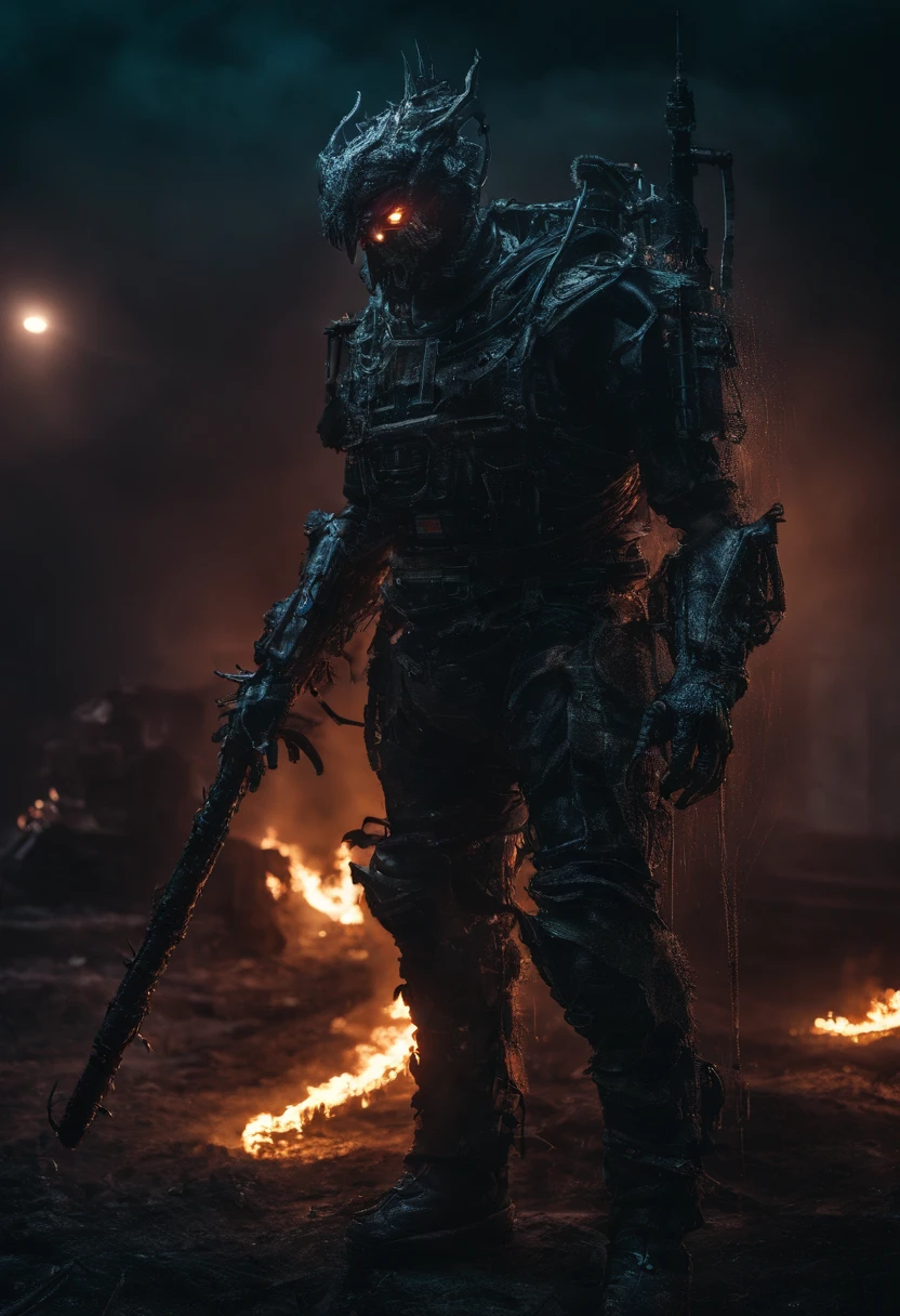 Cyberpunk Demon Warrior wearing Neon Mecha Armour Holding a Staff, glowing light eyes, Wide Shot, Biomechanical, eerie, Creepy, nightmarish, Very bright neon colours, Light particles, with light glowing, winner of the year's best photo, the world on fire, post-apocalyptic hellscape military photography, photo epic of the year, fire on the horizon, epic cinematic shot, pure form, intricate detail, 8k post-production, High resolution, super Detail,
