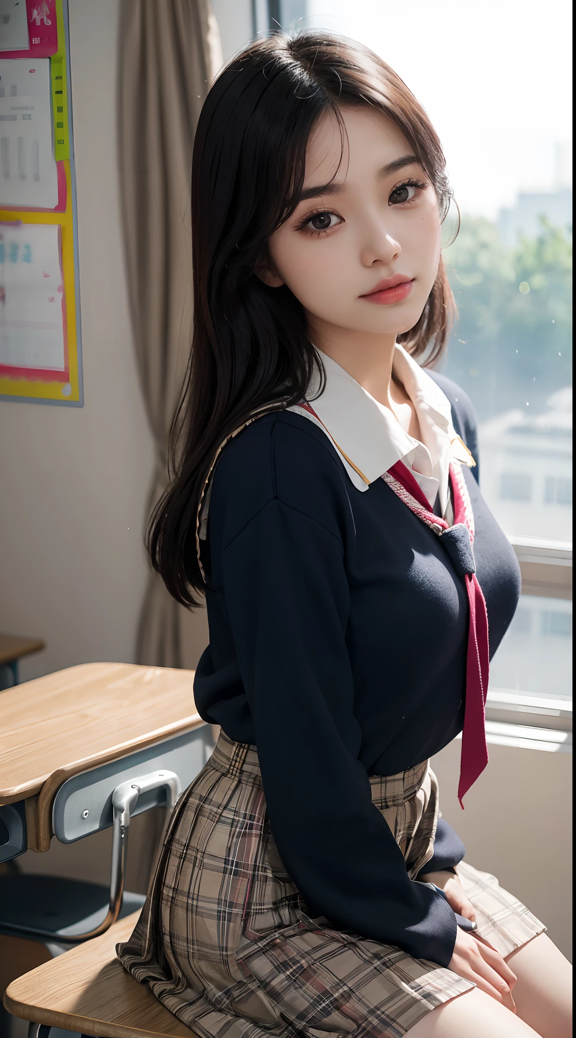 8K, RAW photos, Best quality, Masterpiece: 1.2),(best qualtiy，8K, Yes，32K，masterpiece，hyper HD：1.2) , 20 years old, arafed asian woman sitting on a desk in a classroom, a hyperrealistic schoolgirl, hyperrealistic schoolgirl, cute schoolgirl, realistic schoolgirl, korean girl, of a schoolgirl posing, gorgeous young korean woman, school girl, in a classroom, wearing school uniform, beautiful south korean woman, beautiful asian girl, jaeyeon nam, wearing japanese school uniform, sexy pose