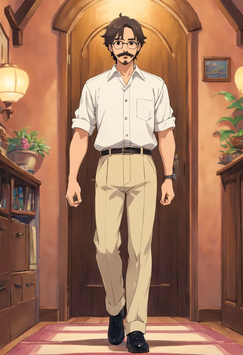 (master part,best quality,alta qualidade,alto,aprimoramento de detalhes)): Hyper-realistic image of a handsome 38-year-old Hispanic man with mustache, Sideburns and medium dark haircut, alto, corpo volumoso, thick arms, coxas grossas, bumbum grande, vestido com uma camisa social branca com mangas curtas, beige social pants, black shoes
