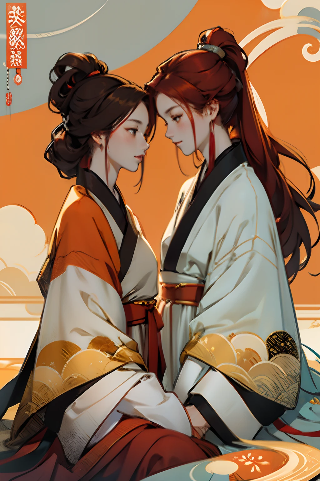 high quality, 4k, two girls as lover, hanfu, white and orange hanfu, red clothes, red hair girl, brown hair girl , ponytail hairstyle ,flat background, gentle expression, looking lovingly at each other, chinese pattern background, sun theme, wuxia