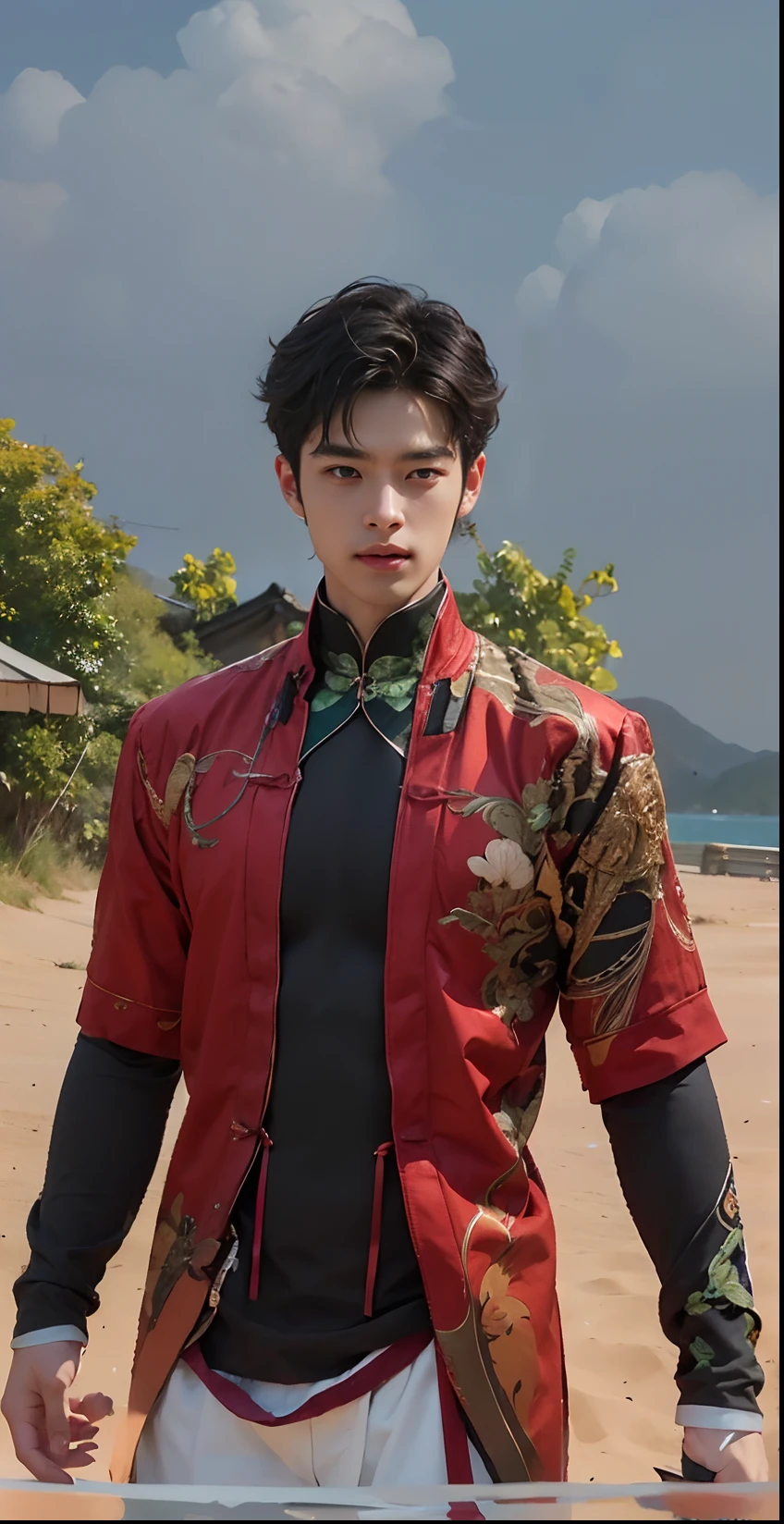 (RAW photo, Best quality), (Realistic man, photo-realistic:1.3), tmasterpiece, Young Chinese men of the Song Dynasty,Ancient Chinese white robe,The hem is flying,Exposing the pectoral muscles,Expose abs,Exposing thighs,Large bulge at the crotch,Very masculine and masculine, The is very detailed, CG, Unity , 2k wallpaper, Amazing, finedetail, Extremely detailed CG Grand Unity 8K wallpaper, hugefilesize , ultra - detailed, A high resolution, absurderes, the soft light, Pietro Boselli people, White skin of the, Detailed fingers, extremely detailed eyes ancface, Beautiful detailed nose, 美丽细致的眼睛, looking at viewert, (1人, Handsome face),Flying long hair,Bunched hair,photorealiscic face,Realistic figure,cabelos preto e longos,Stretched posture,Light WeChat,Rejoice,cheerfulness,Be red in the face,exhilarated,having fun,cheerful big breasts,mountain water,Heavy fog,ln the forest,Dingdall effect,Depth of field blur,The background is blurred with a large aperture