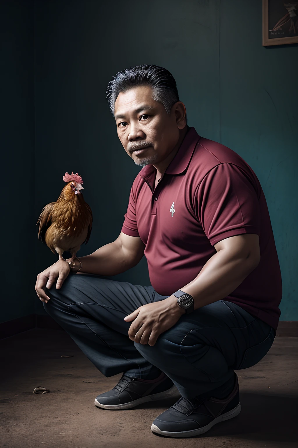 Photorealistic, 8k, cmyk+, dynamic composition, high angle lens, fisheye lens, middle-aged Malay man, squatting, holding a rooster,