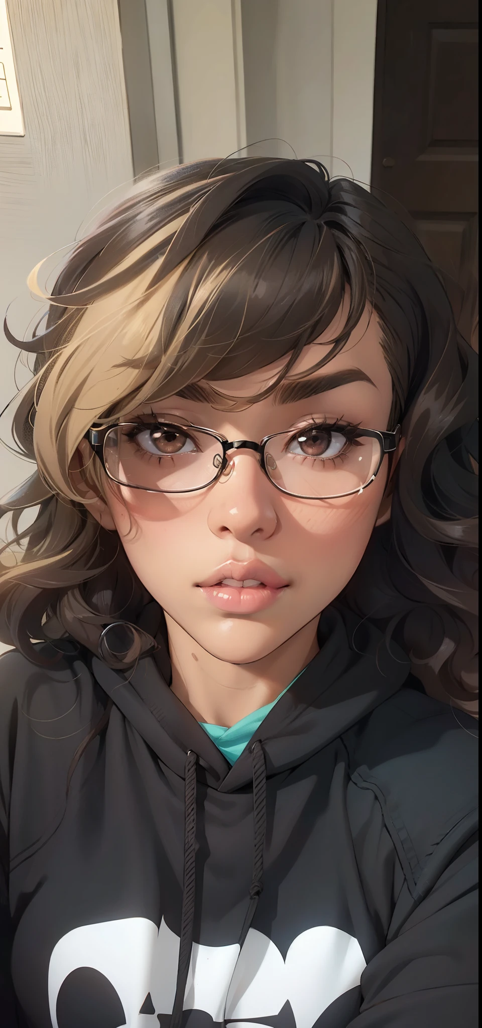 Solo, female, wavy hair, bangs, ((glasses, tan skin)), thick lips, pink lips, black hair with blonde accent, black hoodie, simple background, looking at viewer