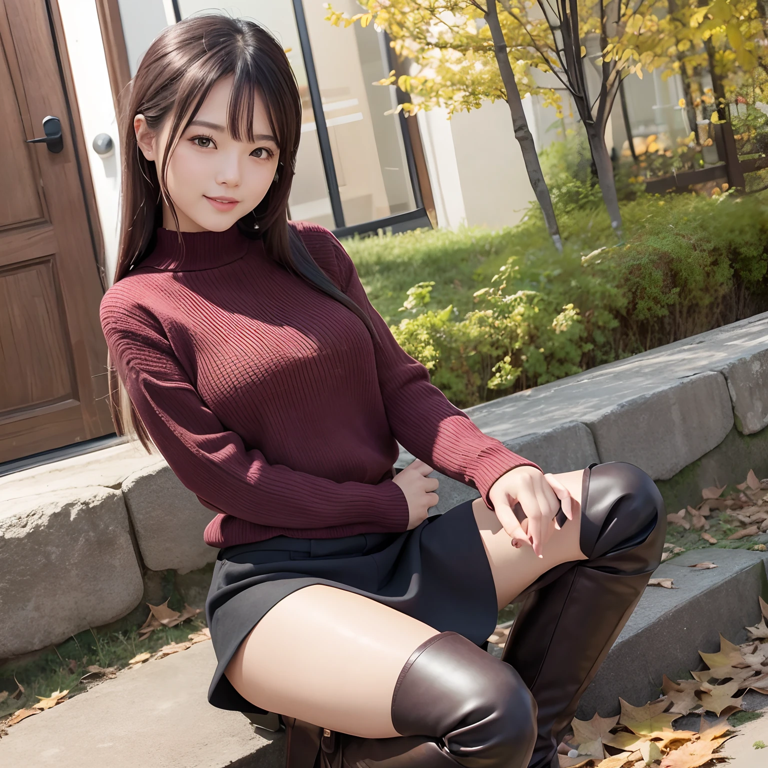 ((highest quality、8k、masterpiece:1.3)),((((fullbody shot)))),Ultra-high resolution,big eyes,Japanese,bangs,(a girl),(1 girl),((20 years old)),((facing at viewer)),(long hair),(((black sweater))),((squatting on deck)),(((pussy))),((skirt lift)),(((black short crew socks)))