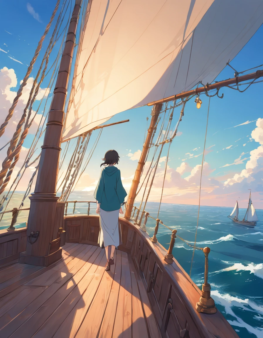 Background,Over the sea,((Sailing ships of the Middle Ages)),wooden,(Not a single person)Statue of a woman on board,
