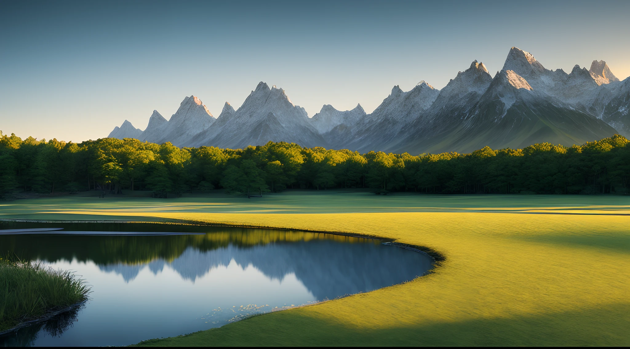 A peaceful place, very pleasant, aesthetic, calm, scenic. photorealistic, 8k uhd, studio quality, ultra realistic, max detail, massive scale, post-processing, realistic, photorealism, photoshop, photography, detailed, cinematic lighting, landscape, panoramic, landscape, raytracing, cinema4d
