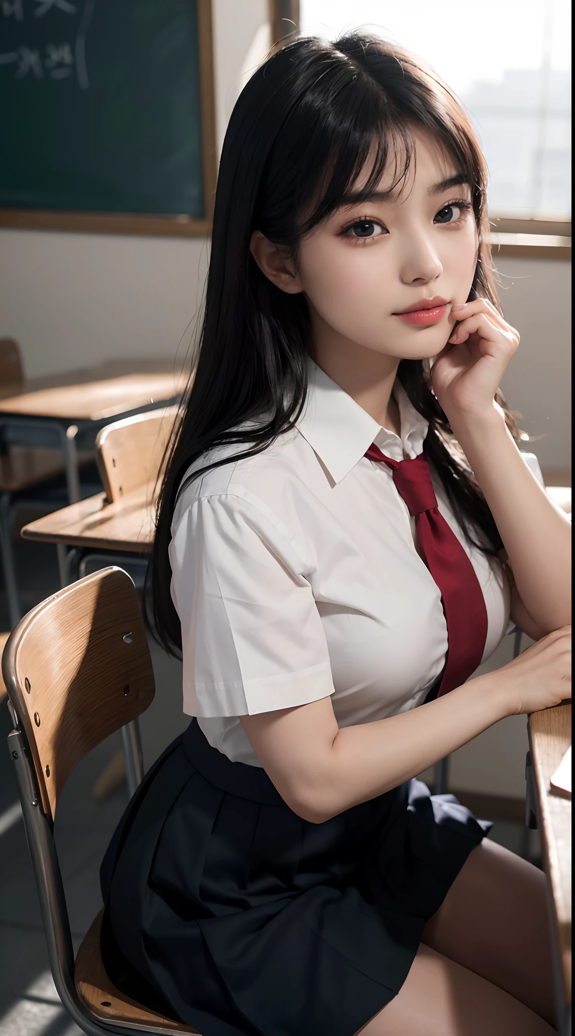 8K, RAW photos, Best quality, Masterpiece: 1.2),(best qualtiy，8K, Yes，32K，masterpiece，hyper HD：1.2) , 20 years old, arafed asian woman sitting on a desk in a classroom, a hyperrealistic schoolgirl, hyperrealistic schoolgirl, cute schoolgirl, realistic schoolgirl, korean girl, of a schoolgirl posing, gorgeous young korean woman, school girl, in a classroom, wearing school uniform, beautiful south korean woman, beautiful asian girl, jaeyeon nam, wearing japanese school uniform, sexy pose