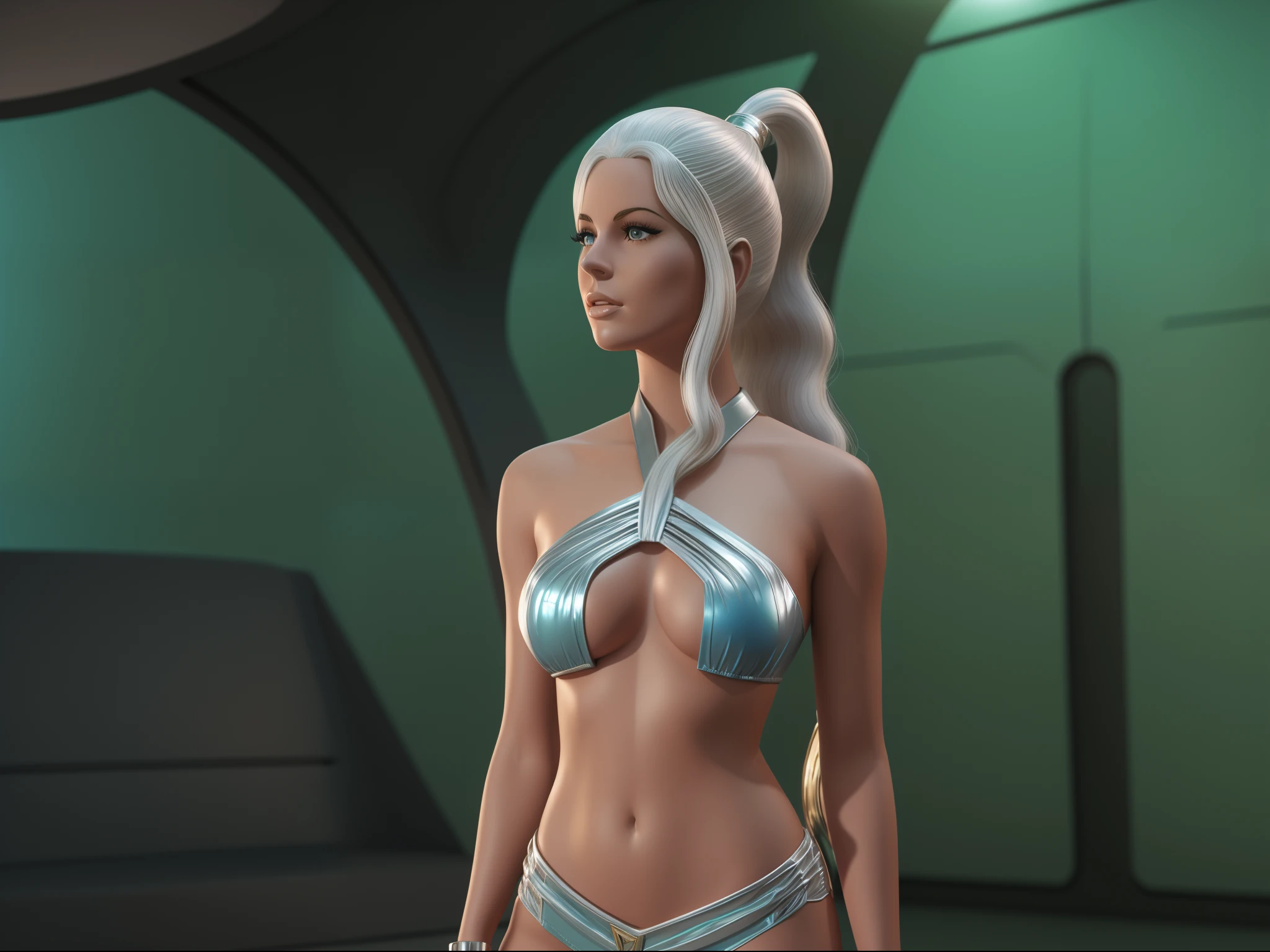 Young lithe bodacious blonde white girl in a silver aquamarine bikini & silver skirt, in star trek the original series, 60's sci-fi pinup, 60's sci-fi pinup style, from star trek, 4K, "100% anatomically correct", octane render
