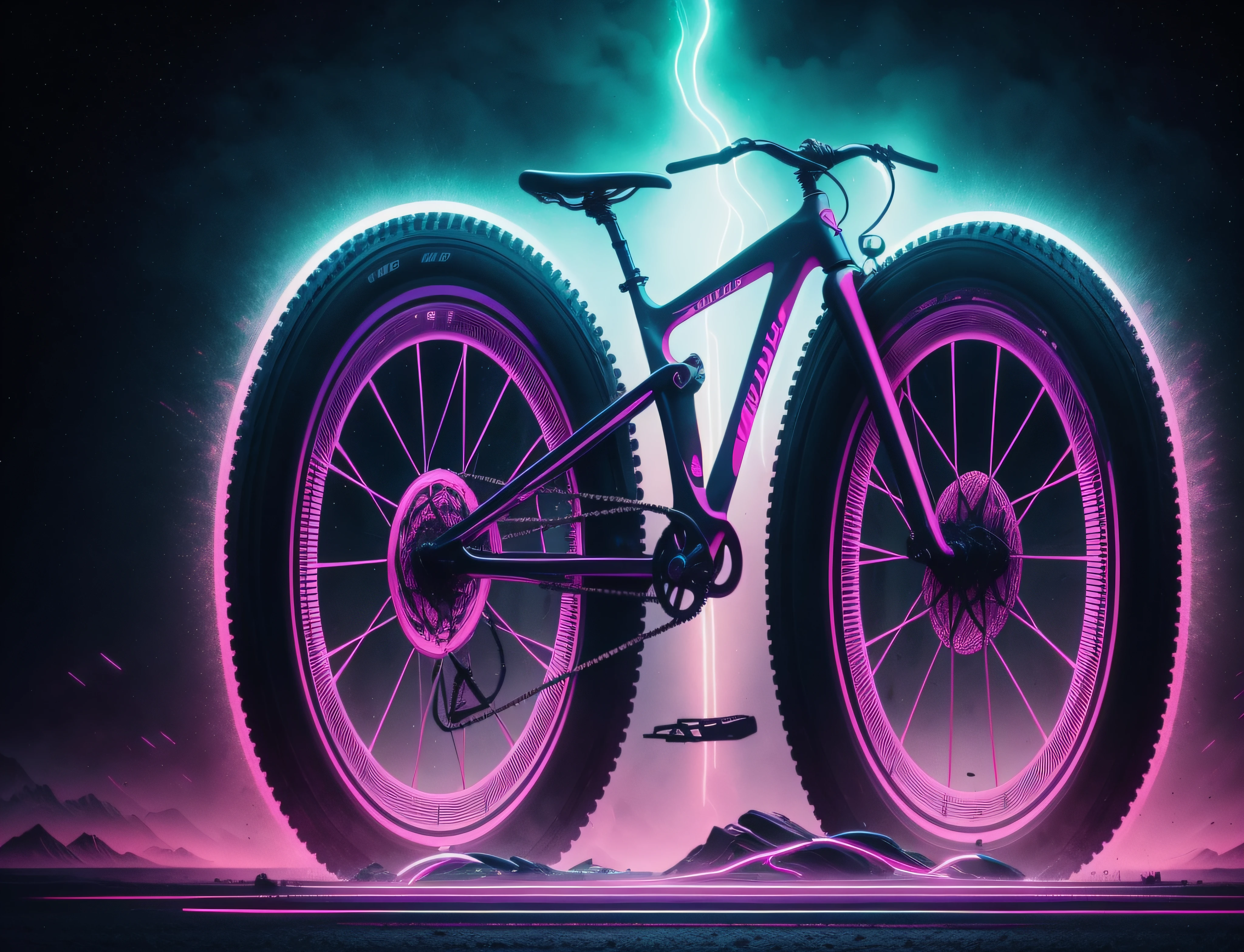 EStilo futurista, luces de neon, Un primer plano de una bicicleta, fondo futuristico de noche, luces de neon, cuerpo ancho, Surrealist illustration, Arte oscuro surrealista, obra maestra, hiperrealista, lluvia, alta definicion, fantastic backlight