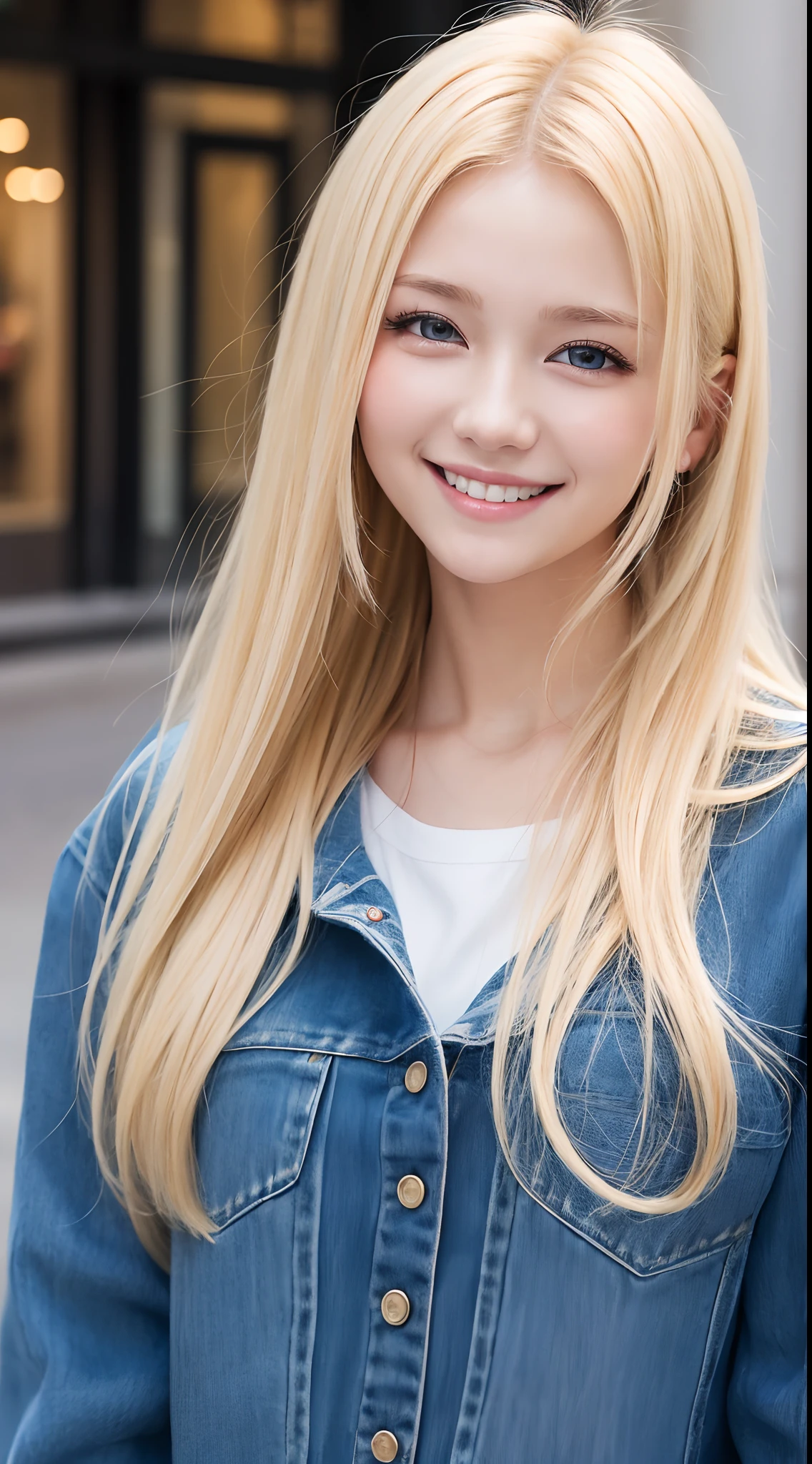 4K、top-quality、masutepiece、a blond、((Ukrainian))、18year old、Plain clothe、Looking at the camera、((smile1.6))、Downtown London、close - up face